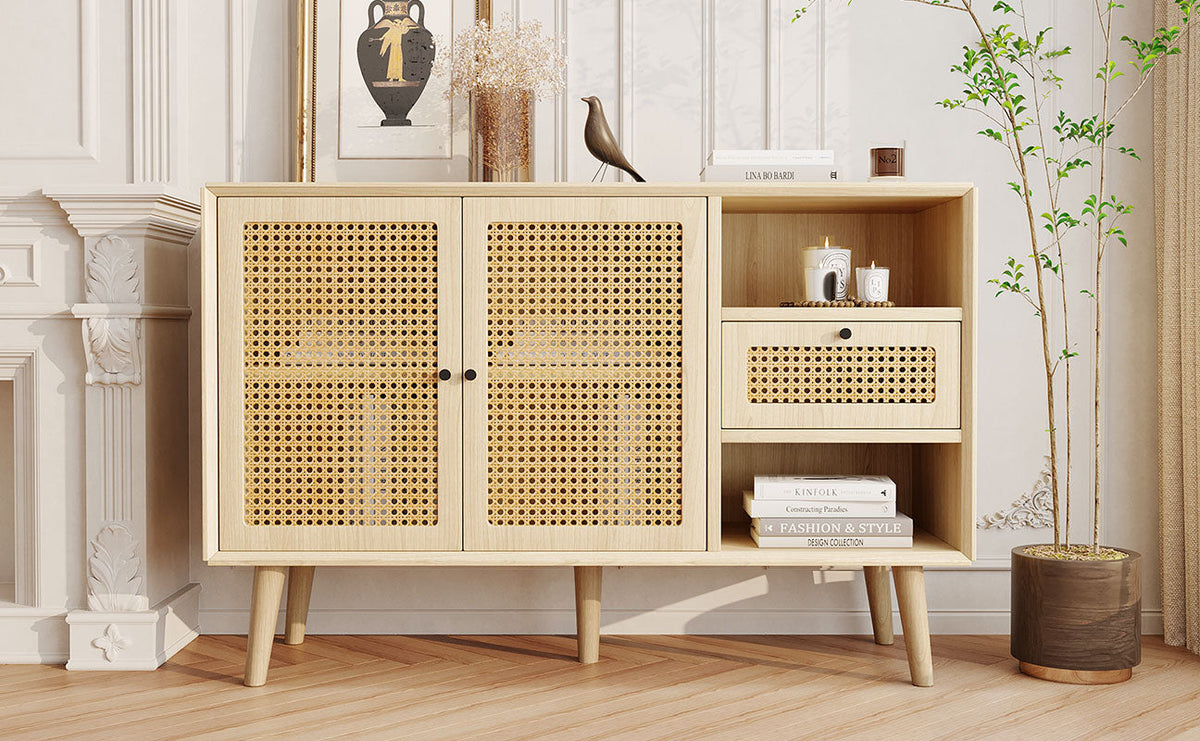 Sideboard with 1 Drawer 2 Rattan Magnetic Doors Adjustable Shelves, Oak