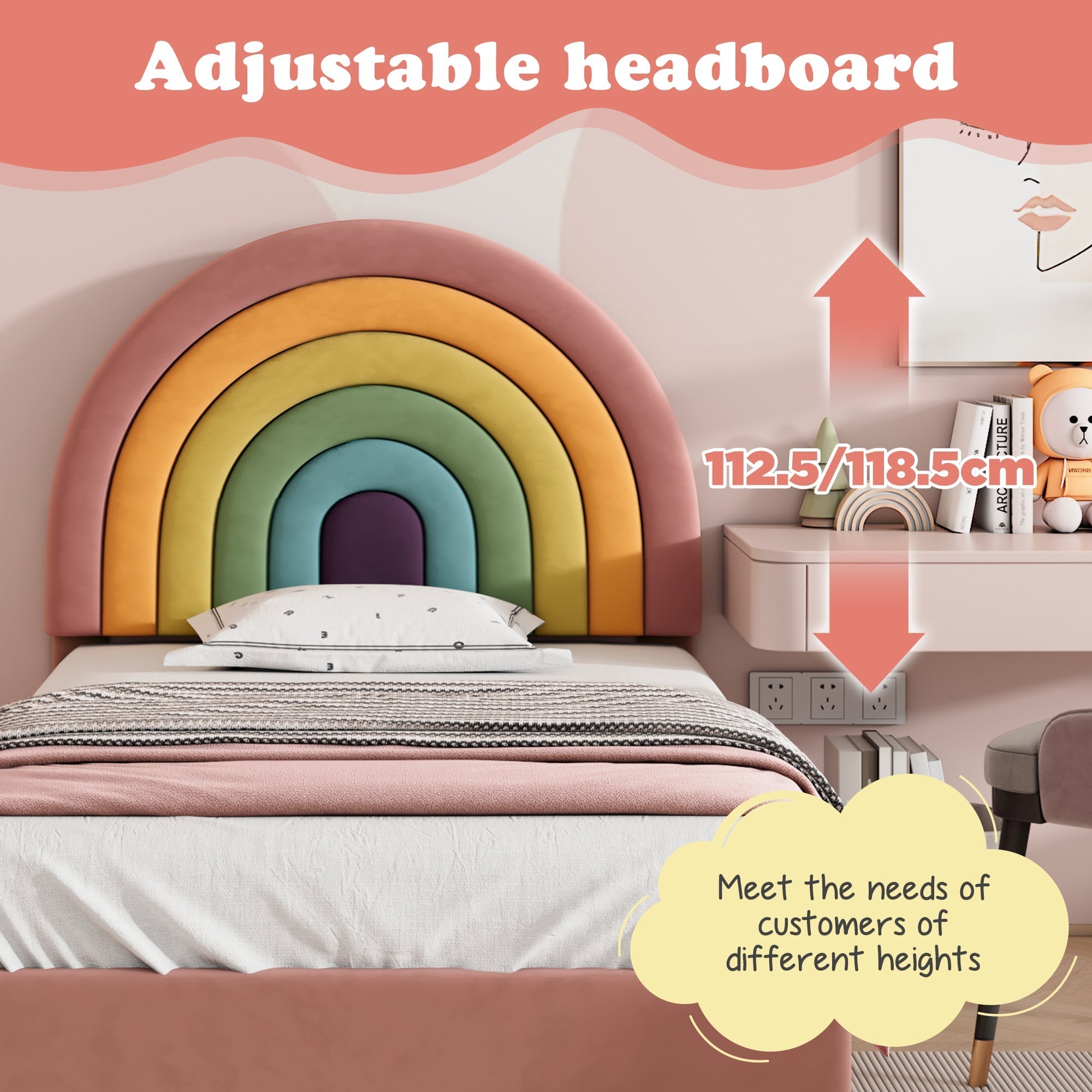 Upholstered Bed 90*190, Slatted Frame with Height-Adjustable Headboard, Easy Assembly, Velvet, Pink