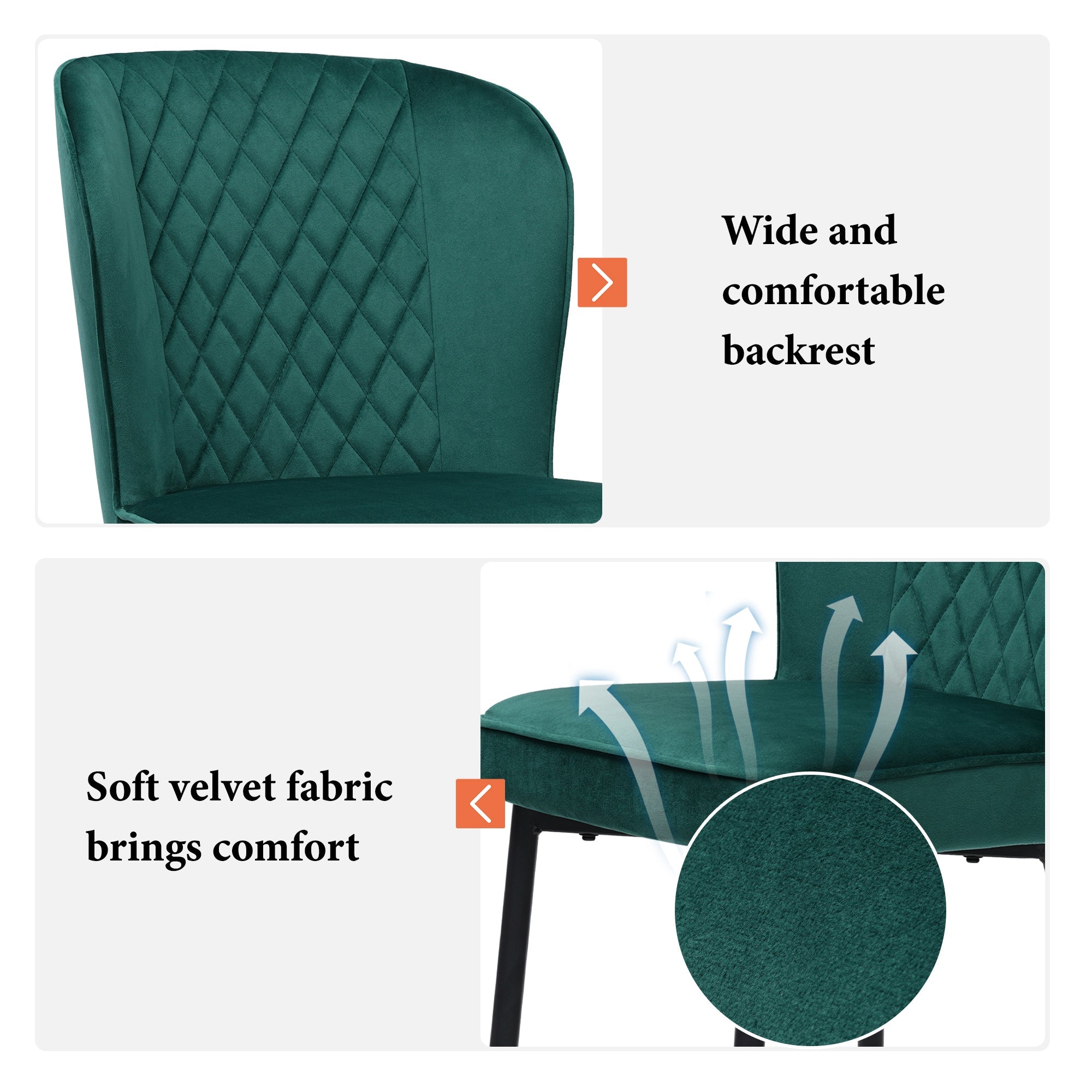 Velvet Dining Chair (2 pcs), Dark Green, Upholstered with Metal Legs