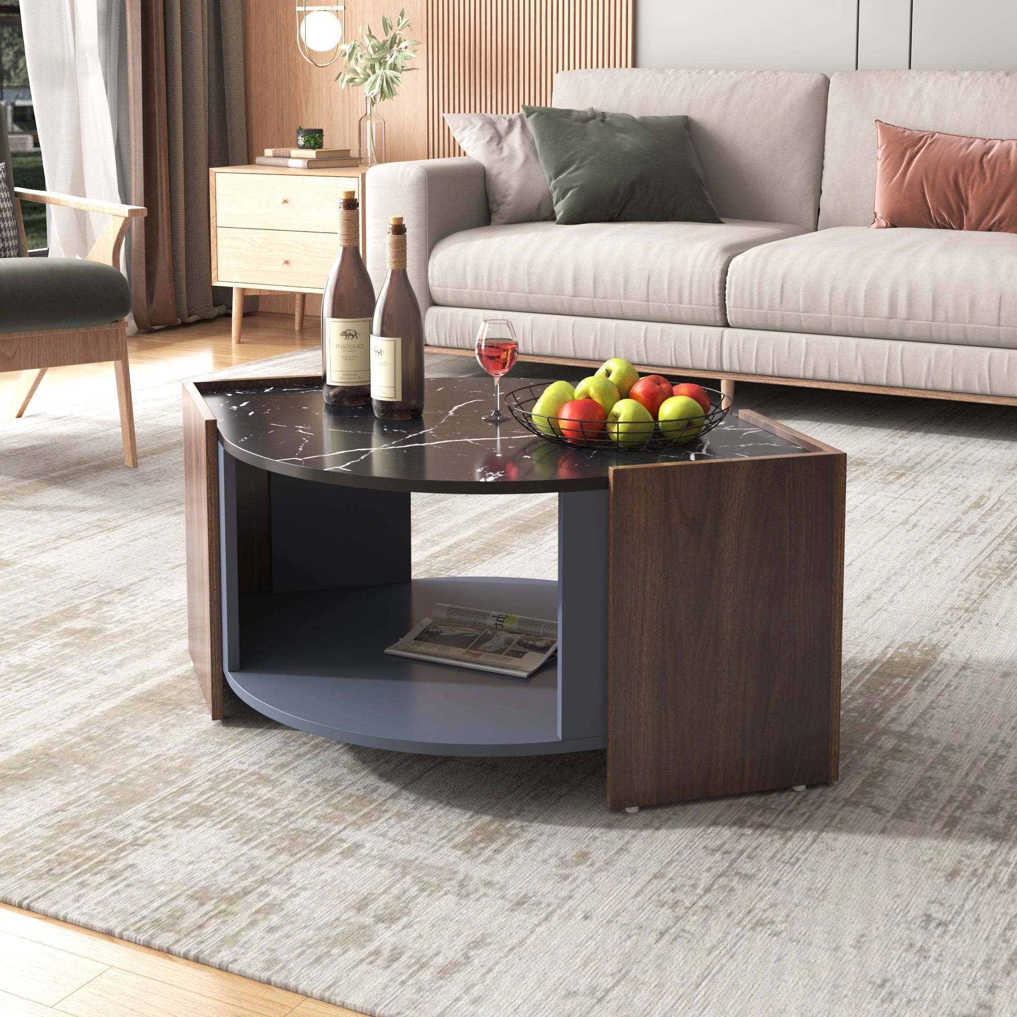 Coffee Table, Textured with Unique Lines, Marble/Walnut Contrast