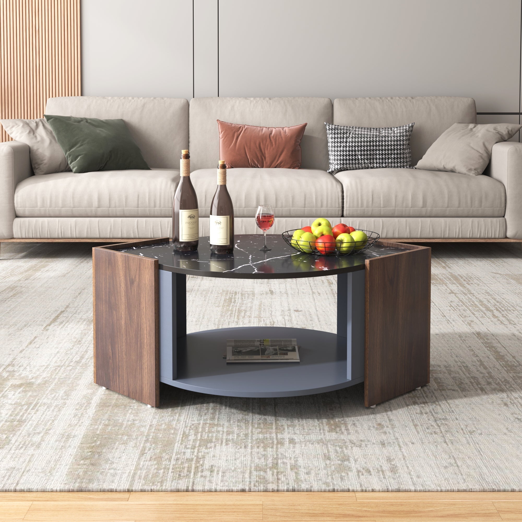 Coffee Table, Textured with Unique Lines, Marble/Walnut Contrast
