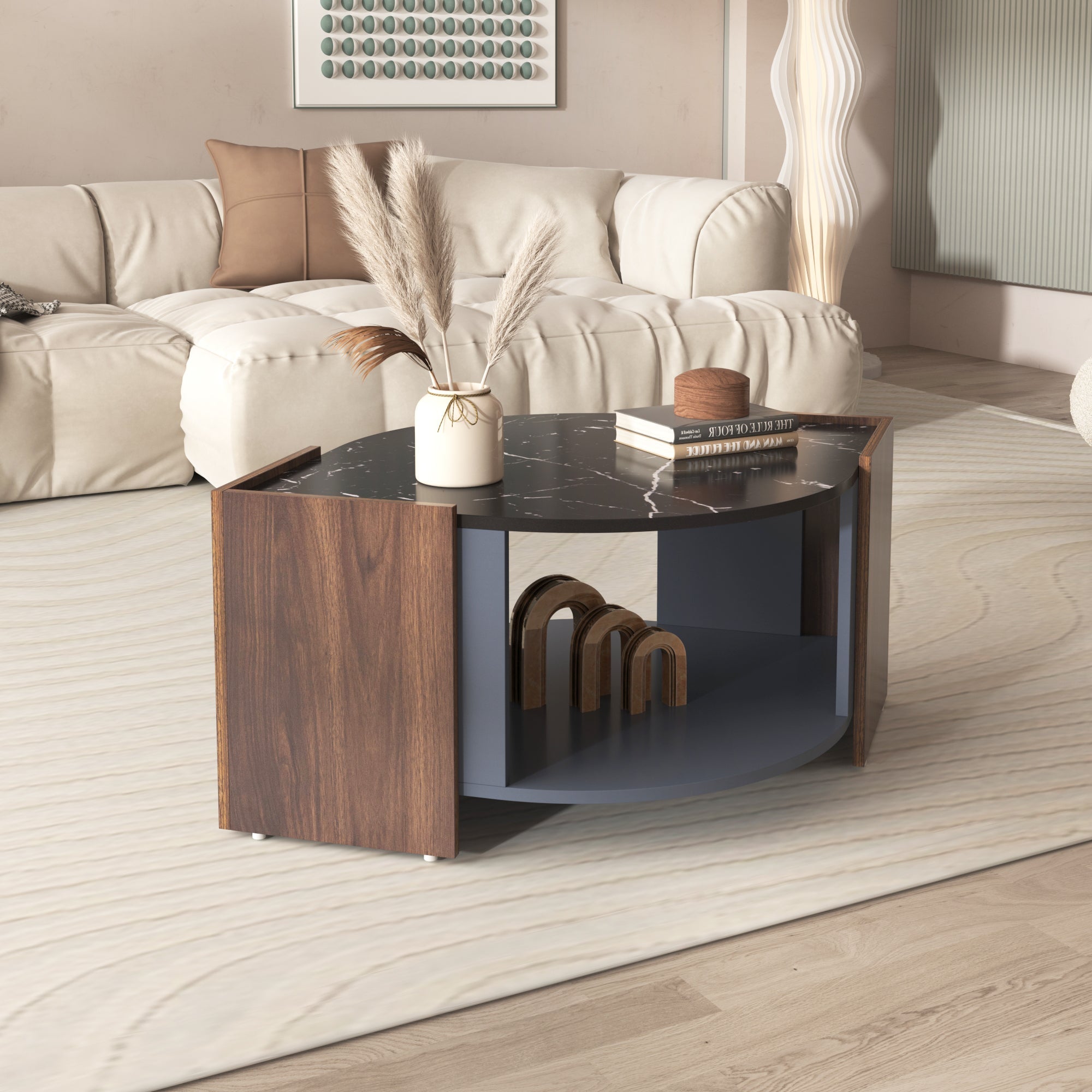 Coffee Table, Textured with Unique Lines, Marble/Walnut Contrast