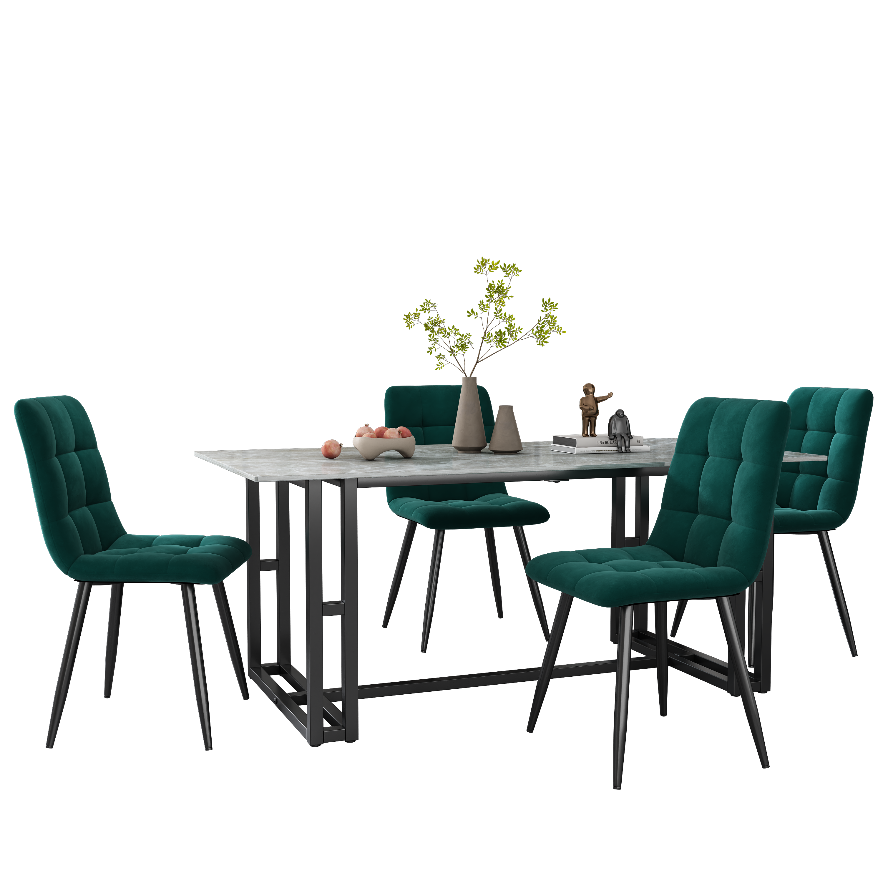 Dining Chair (4 pcs), Dark Green, Velvet Upholstered with Backrest, Metal Frame