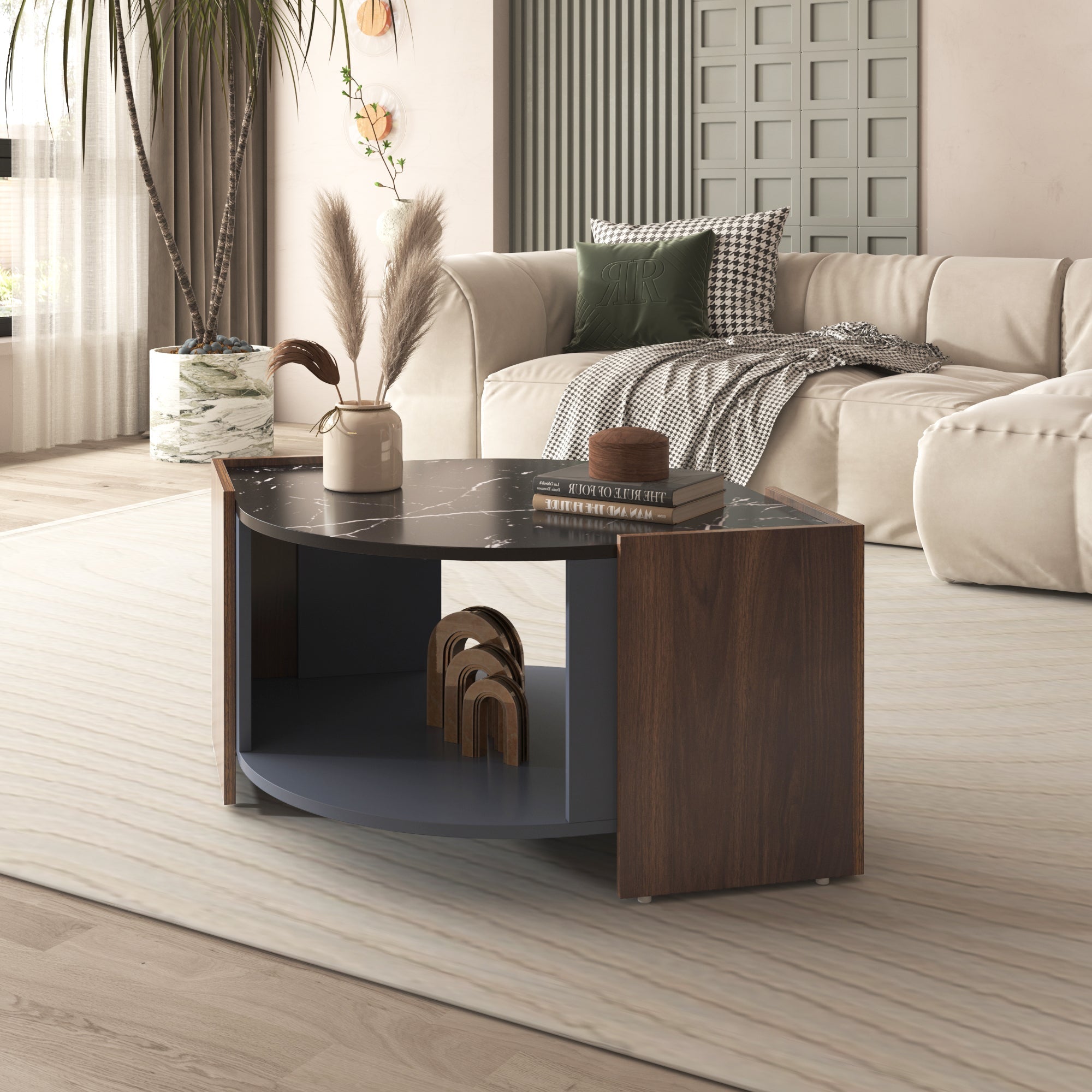 Coffee Table, Textured with Unique Lines, Marble/Walnut Contrast