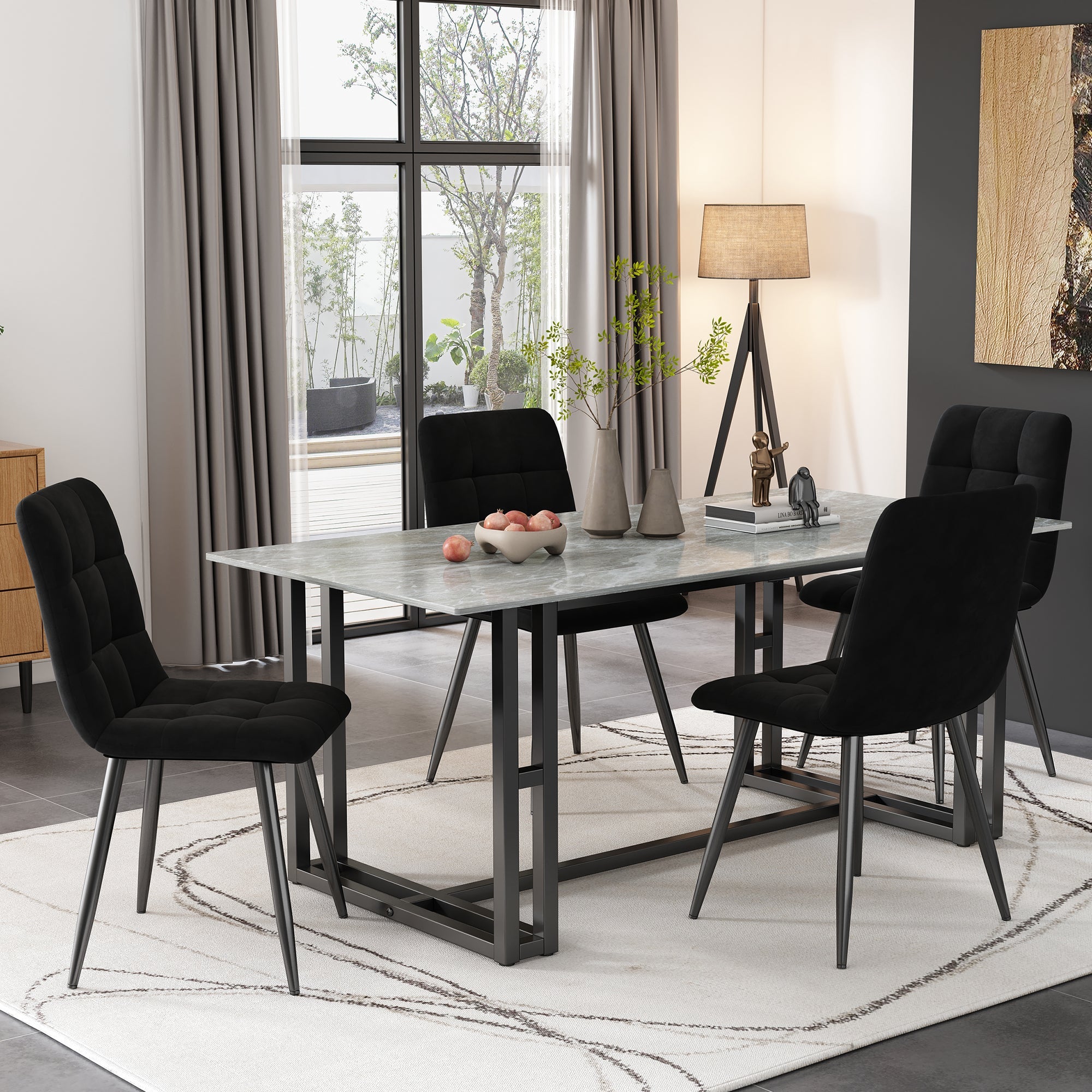 Dining Chair (4 pcs), Upholstered Chair with Backrest, Black Velvet Seat and Metal Frame