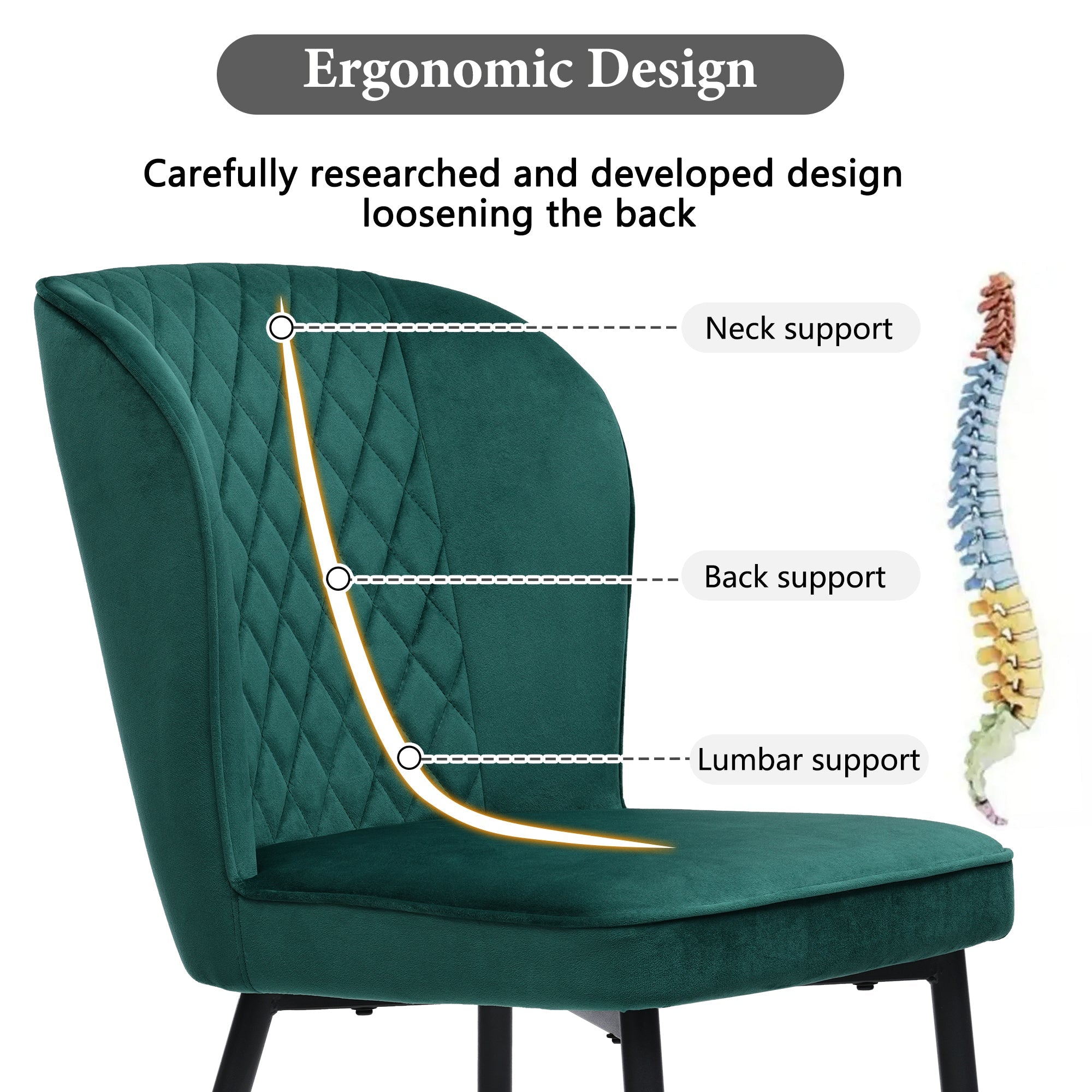 Velvet Dining Chair (2 pcs), Dark Green, Upholstered with Metal Legs