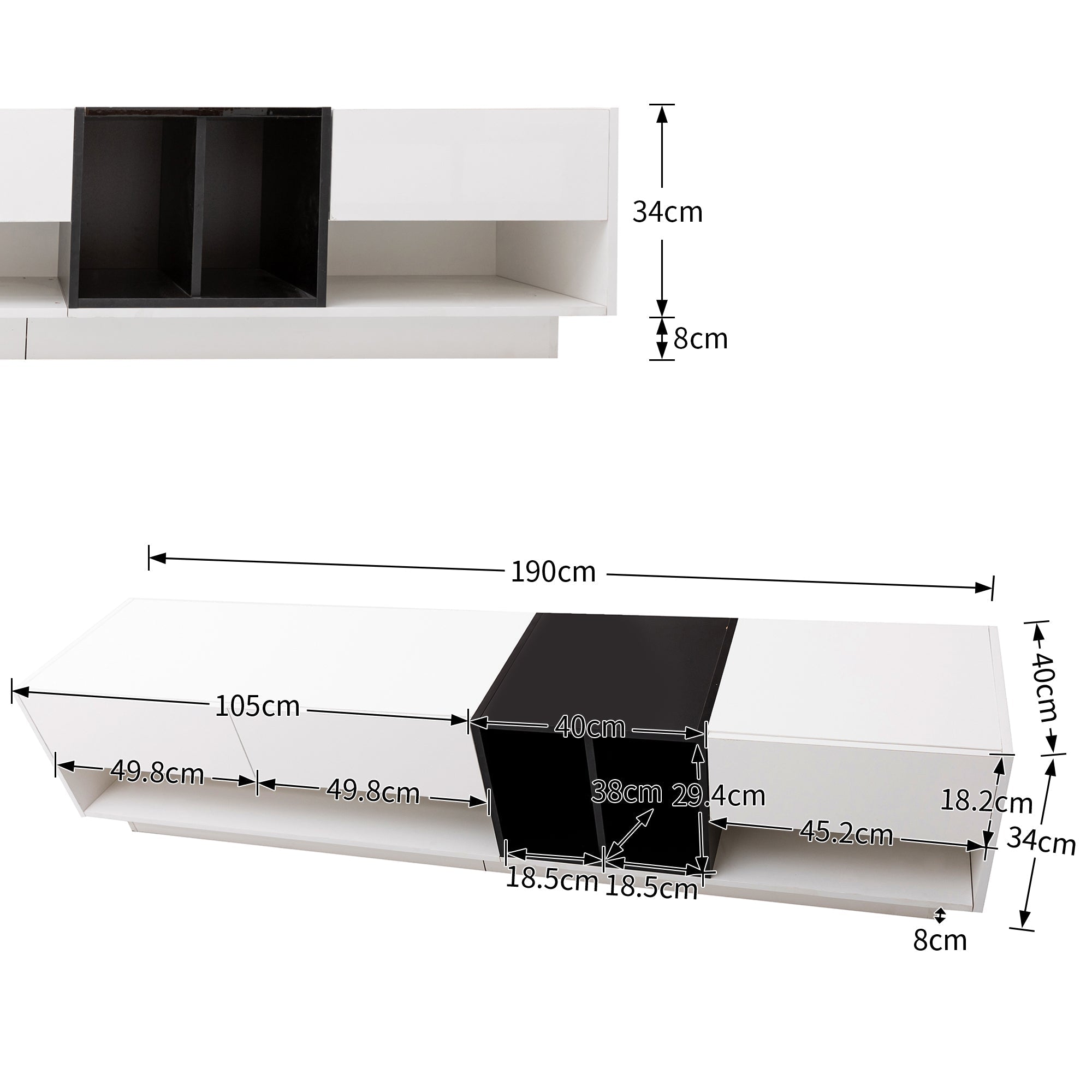 TV Cabinet Lowboard, Color-Blocking Design with Drawers & Compartments, High-Gloss White and Black