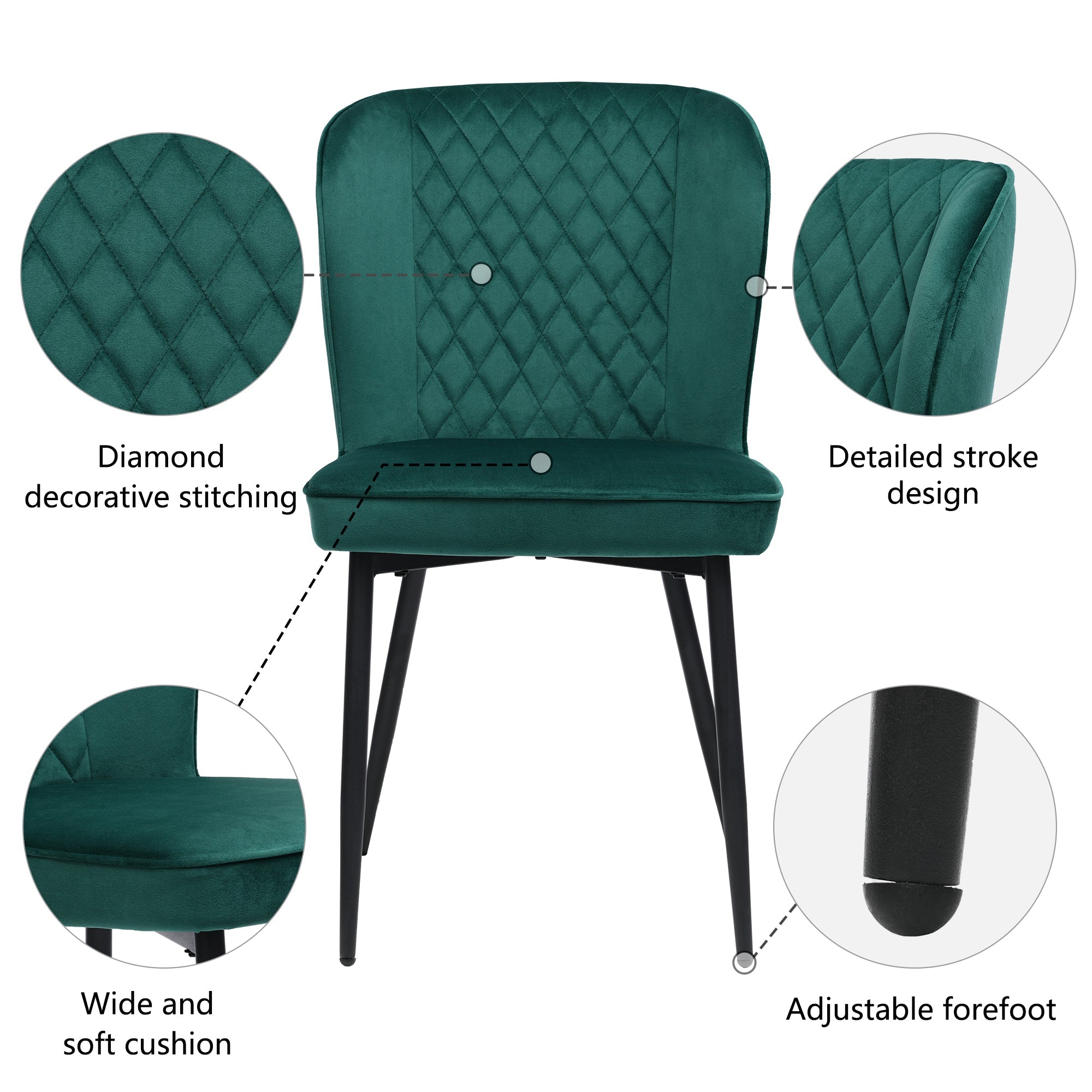 Velvet Dining Chair (2 pcs), Dark Green, Upholstered with Metal Legs