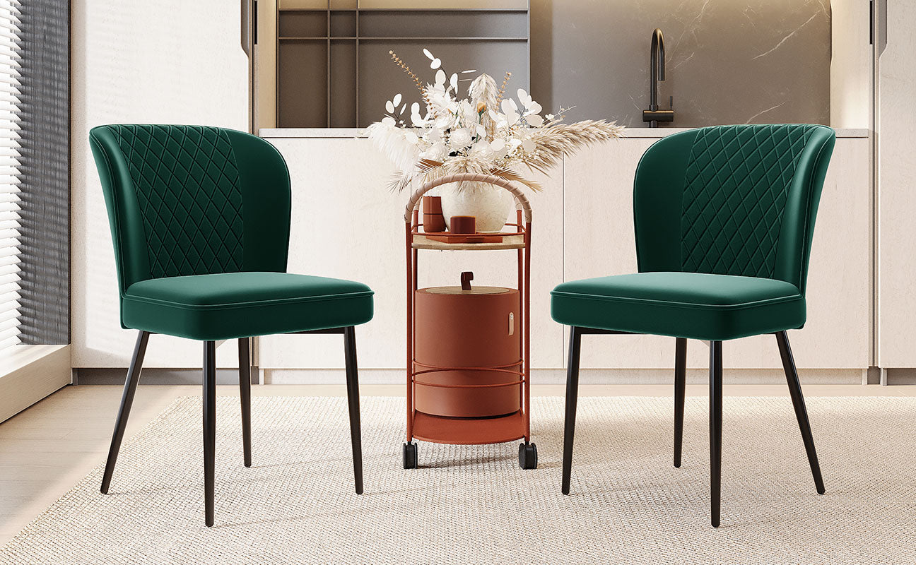 Velvet Dining Chair (2 pcs), Dark Green, Upholstered with Metal Legs