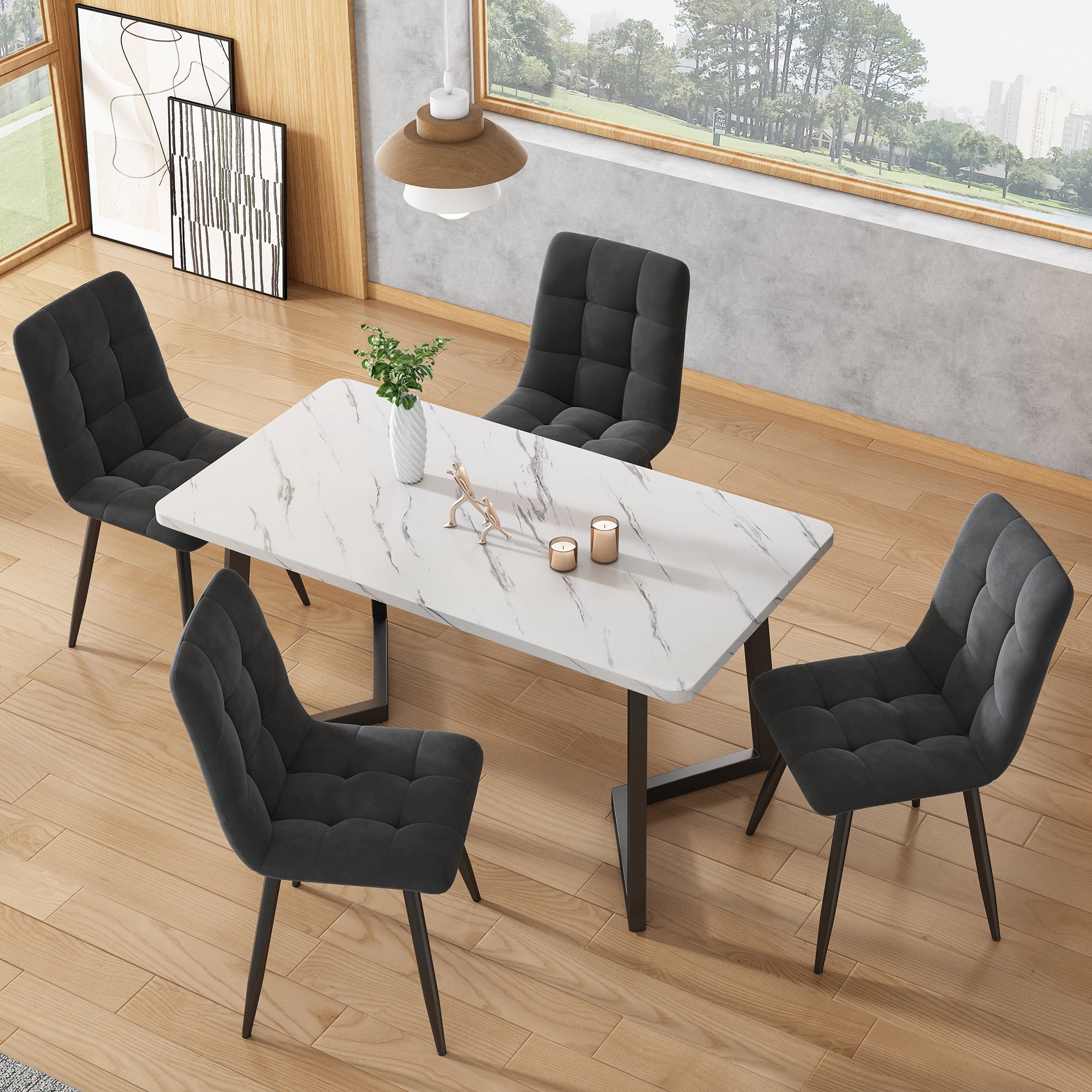 Dining Chair (4 pcs), Dark Grey, 4-Set Upholstered Chair Design Chair with Backrest, Seat in Velvet, Metal Frame