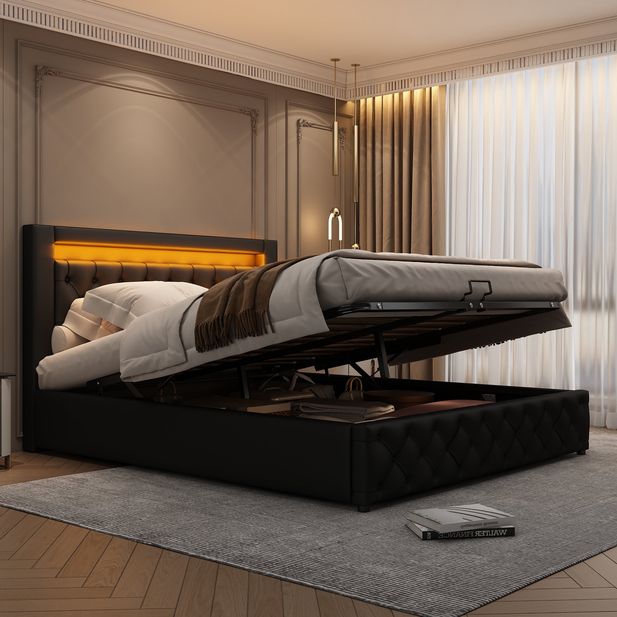 Upholstered Bed, 135x190 cm, Functional with Slatted Frame, Storage, LED Lighting, Black PU