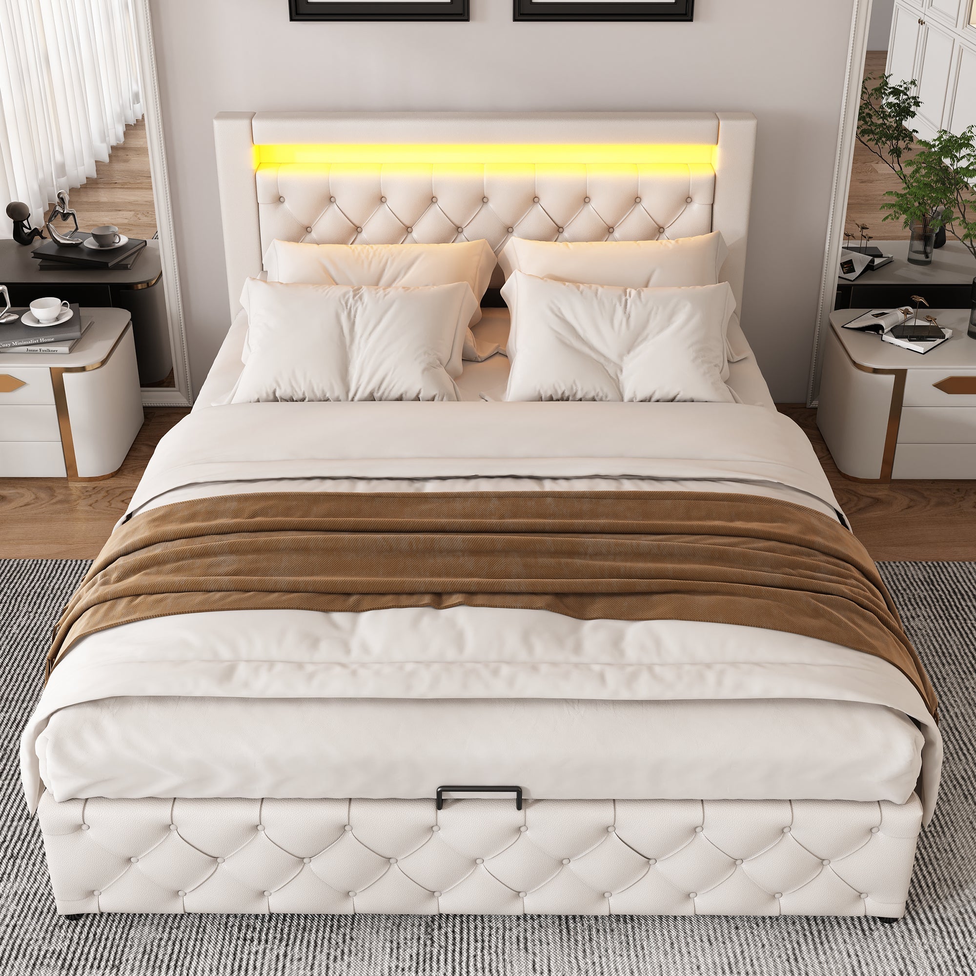 Upholstered Bed 135x190cm, Functional with Slatted Frame, Storage & LED Lighting, White PU