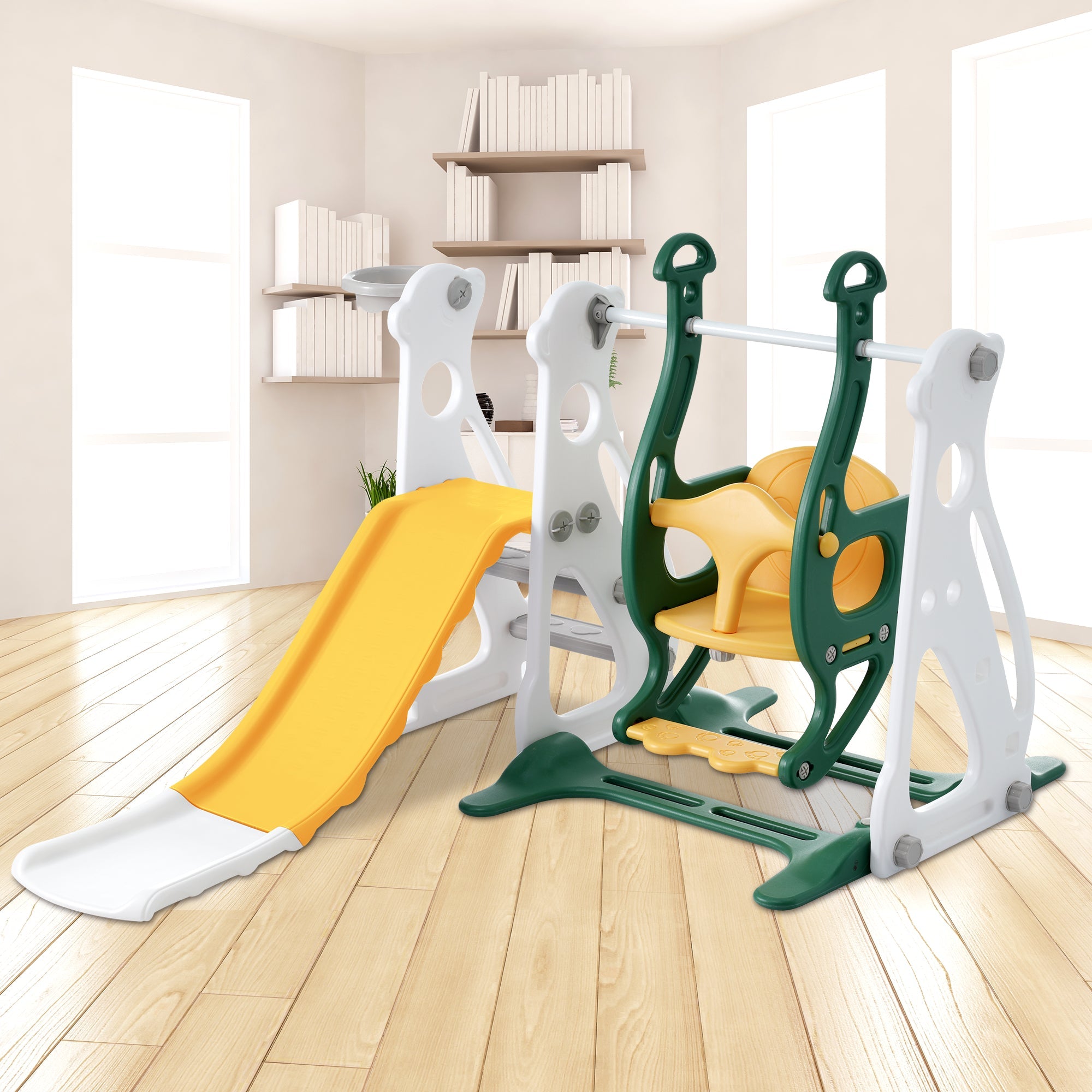 Children's slide with swing, 4 in 1 with slide, staircases, and basketball frame for indoor