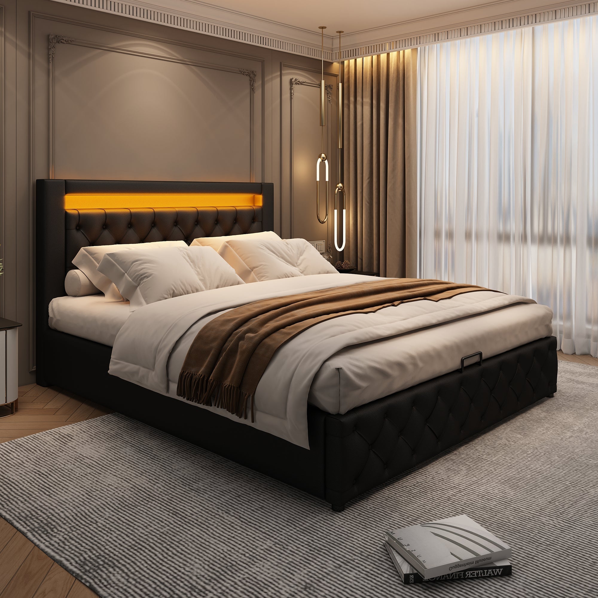 Upholstered Bed, 135x190 cm, Functional with Slatted Frame, Storage, LED Lighting, Black PU