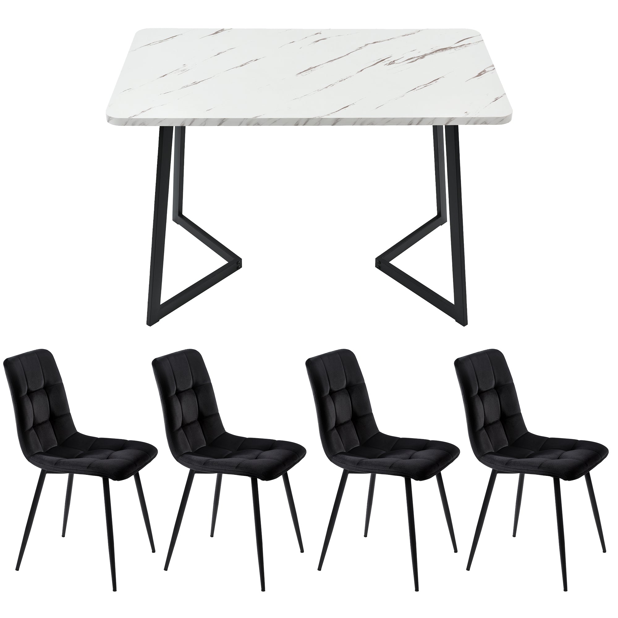 Dining Table with 4 Chairs Set, 117x68cm Rectangular Modern, Black Velvet/Black Legs