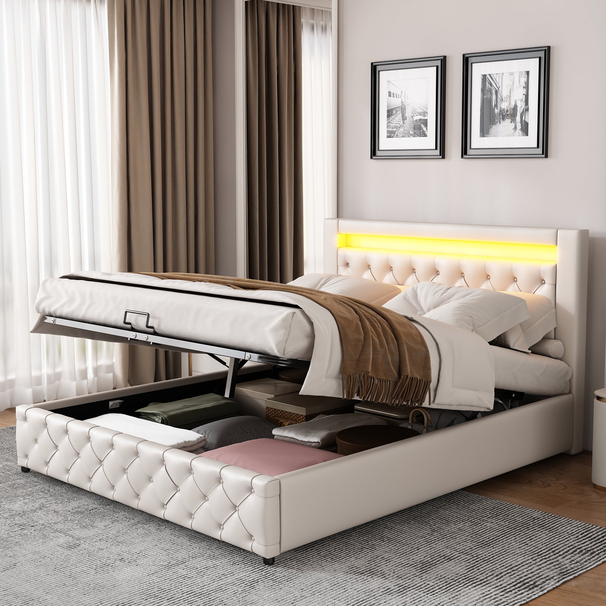 Upholstered Bed 135x190cm, Functional with Slatted Frame, Storage & LED Lighting, White PU