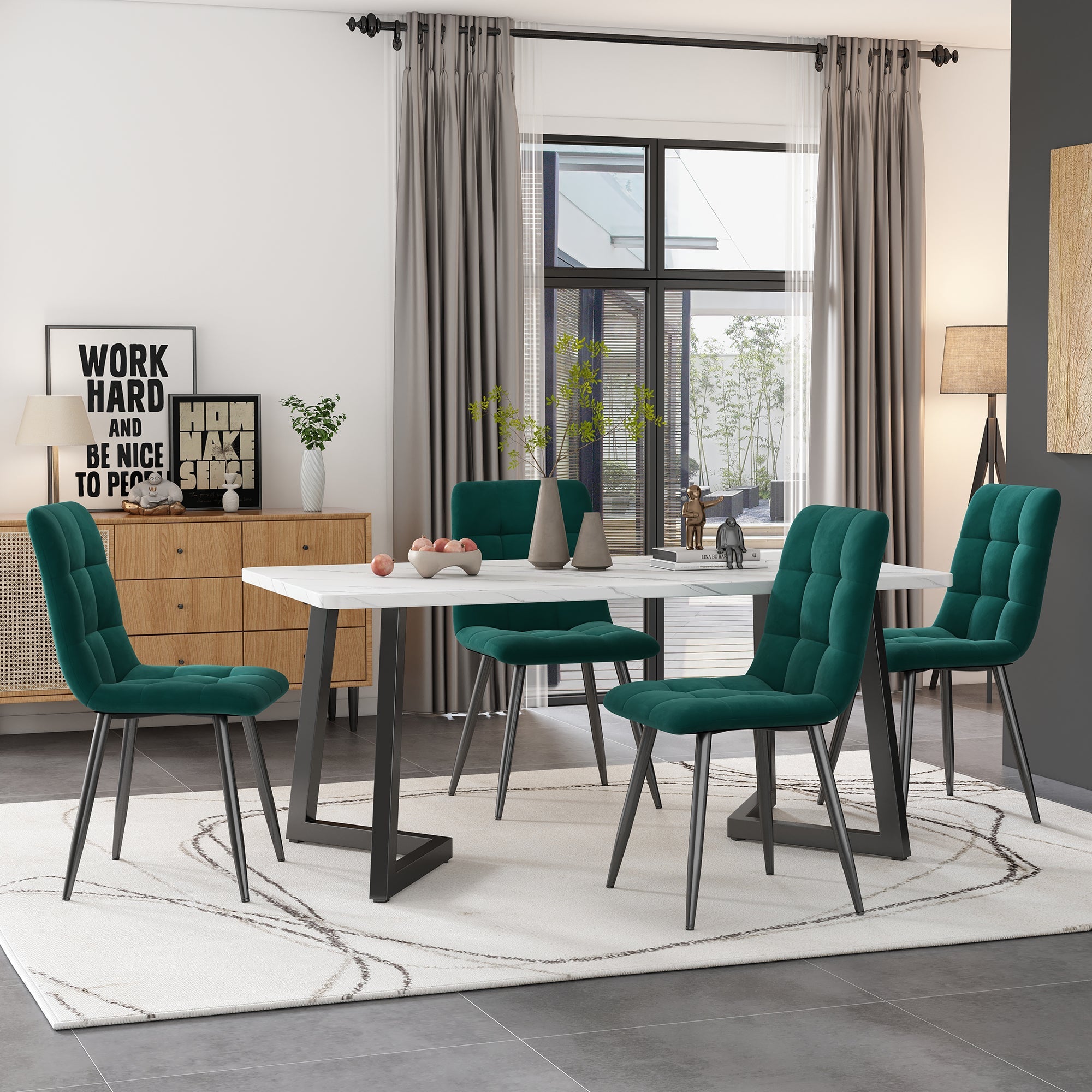 Dining Table with 4 Chairs Set, Rectangular Modern Kitchen Table, Dark Green Velvet & Black Legs