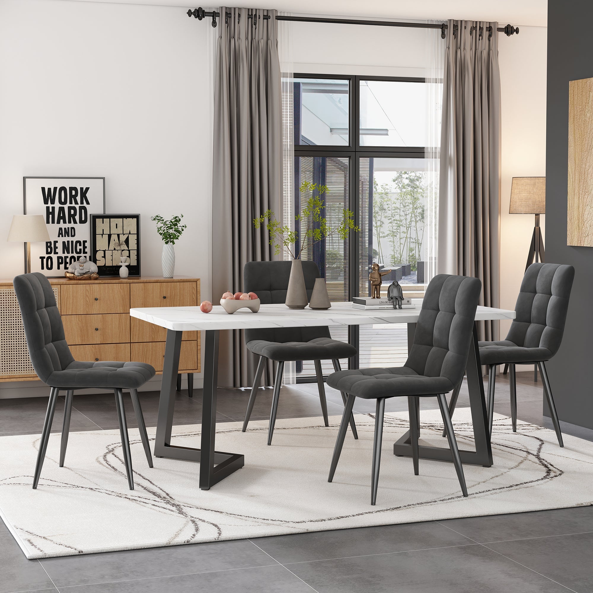 Dining Table with 4 Chairs Set, Rectangular Modern Kitchen Table, Dark Grey Velvet and Black Legs