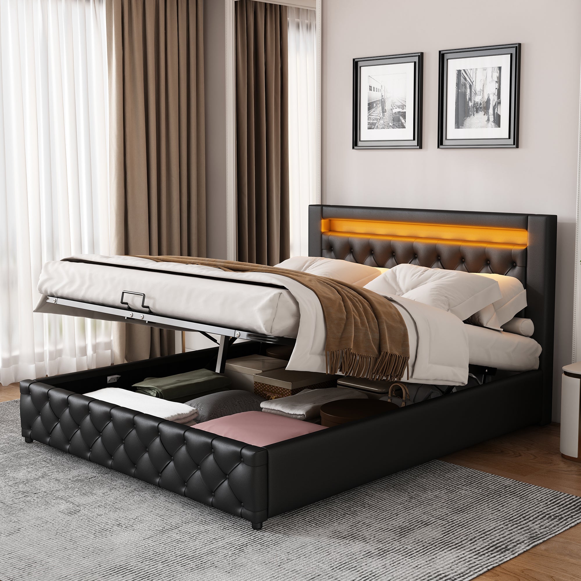 Upholstered Bed, 135x190 cm, Functional with Slatted Frame, Storage, LED Lighting, Black PU