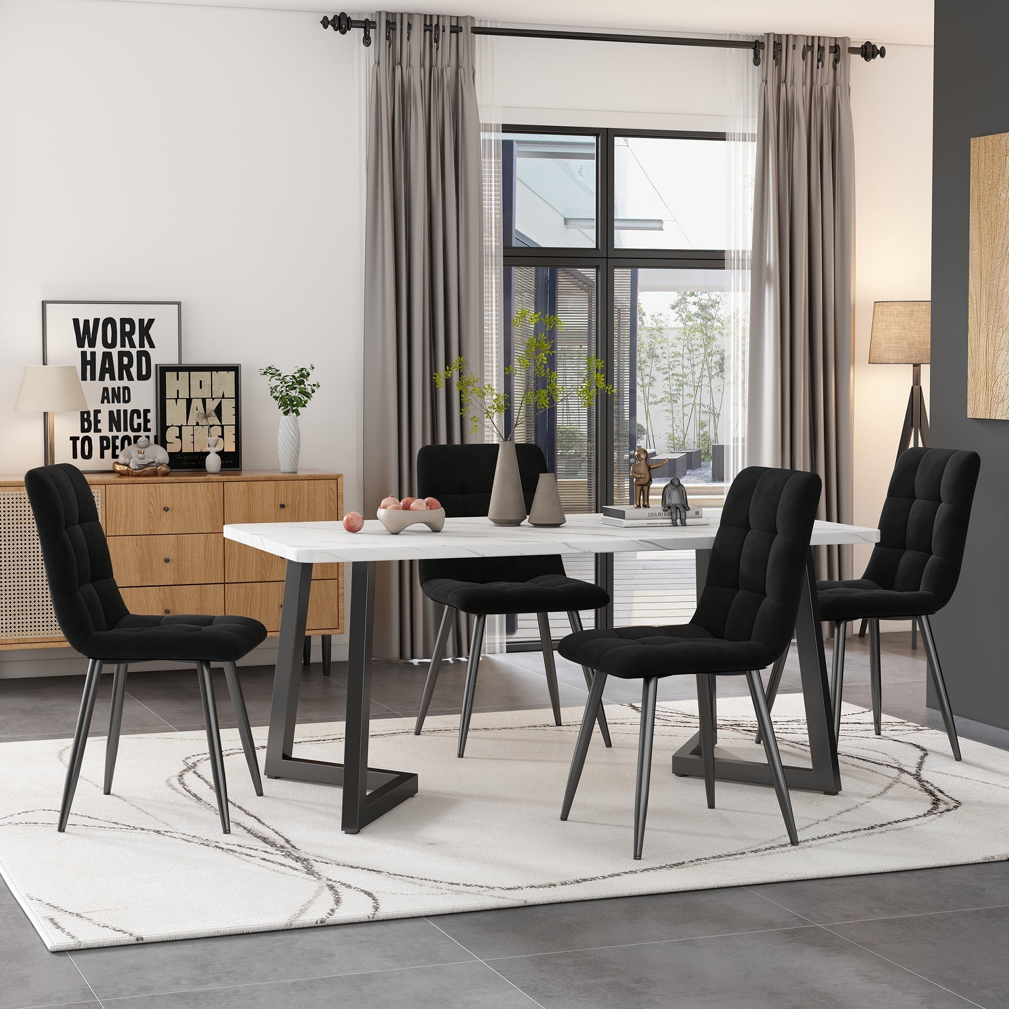 Dining Table with 4 Chairs Set, 117x68cm Rectangular Modern, Black Velvet/Black Legs