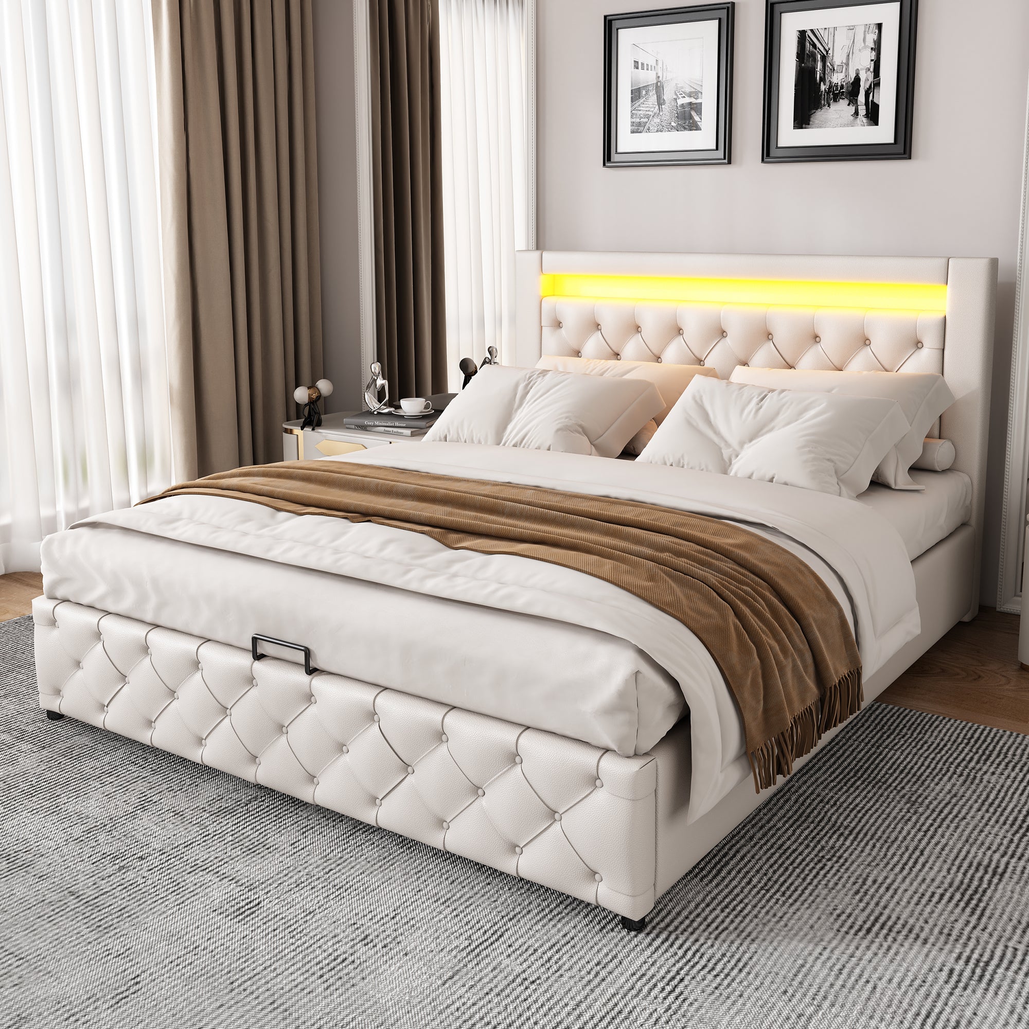 Upholstered Bed 135x190cm, Functional with Slatted Frame, Storage & LED Lighting, White PU