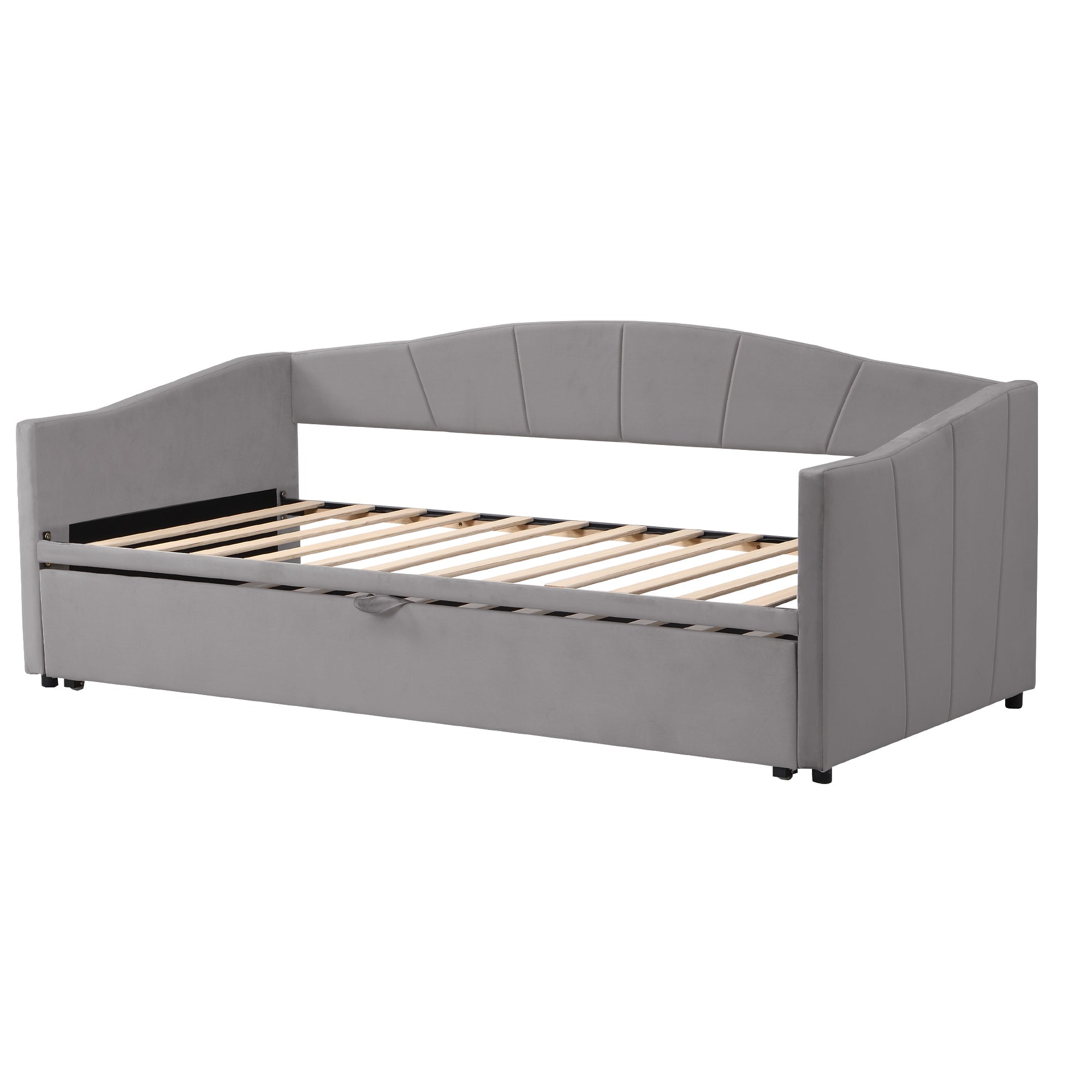 Upholstered Sofa Bed with Extendable Frame and Slatted Base, Velvet Grey/Beige