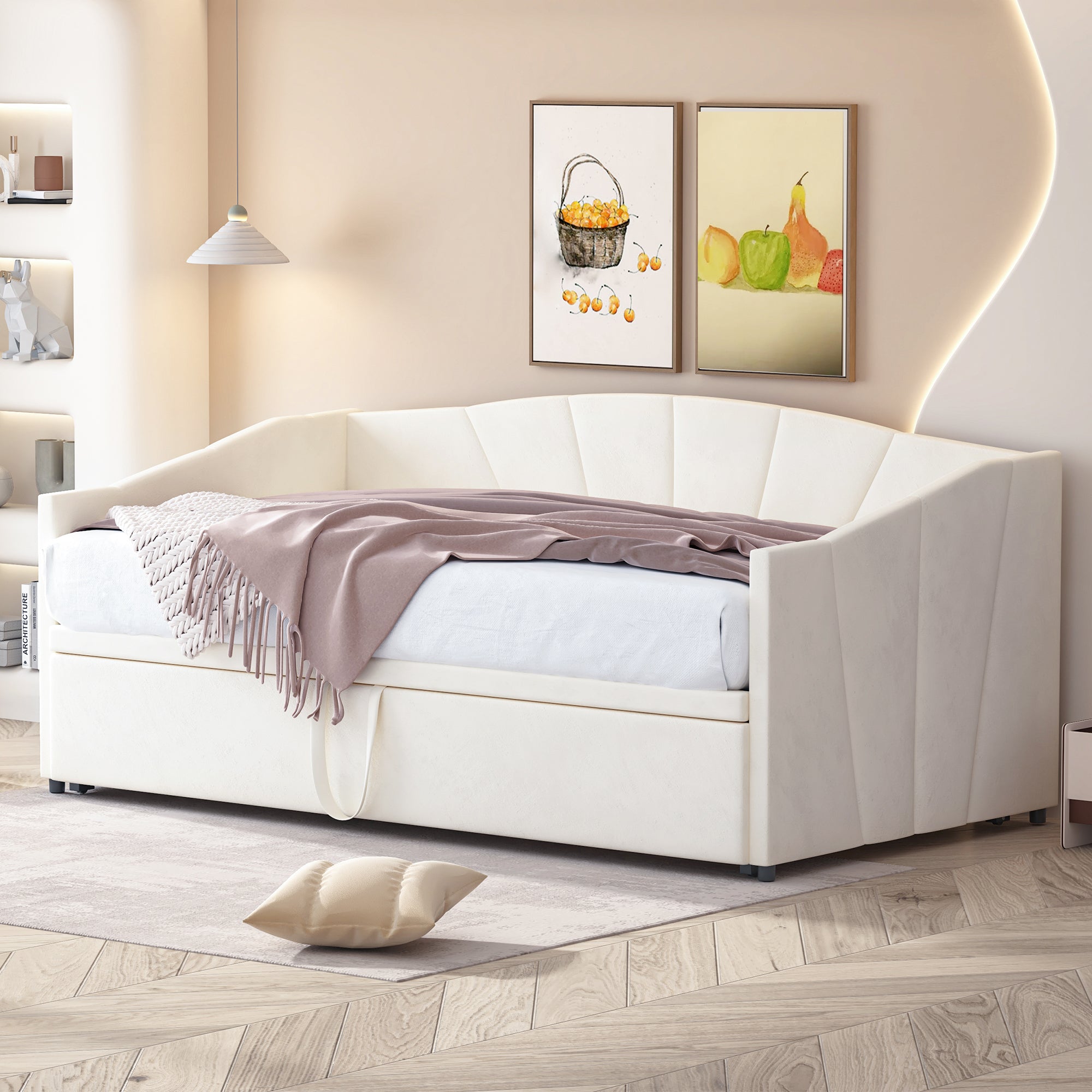 Extendable Daybed 90/180x200cm Multifunctional Slatted Base - Velvet Beige