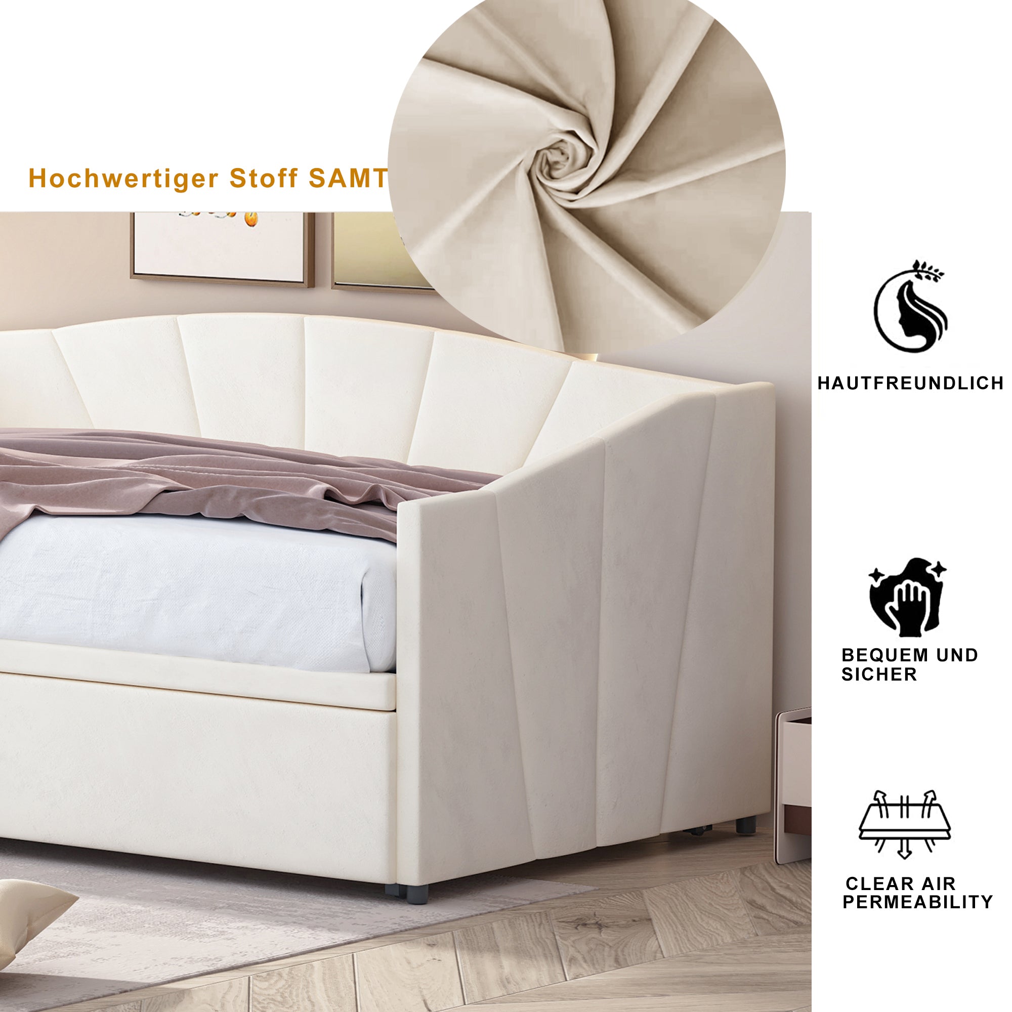 Extendable Daybed 90/180x200cm Multifunctional Slatted Base - Velvet Beige