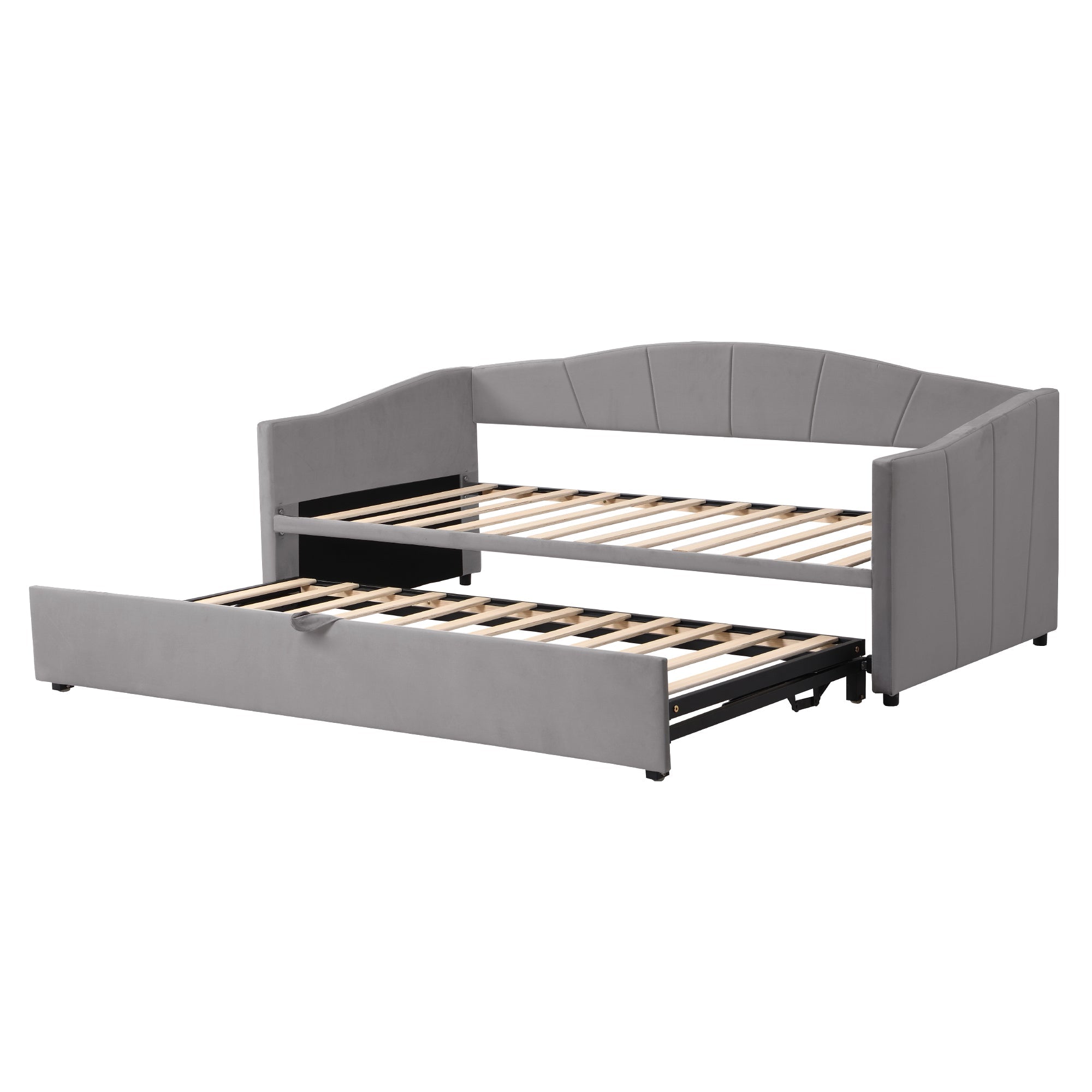 Upholstered Sofa Bed with Extendable Frame and Slatted Base, Velvet Grey/Beige