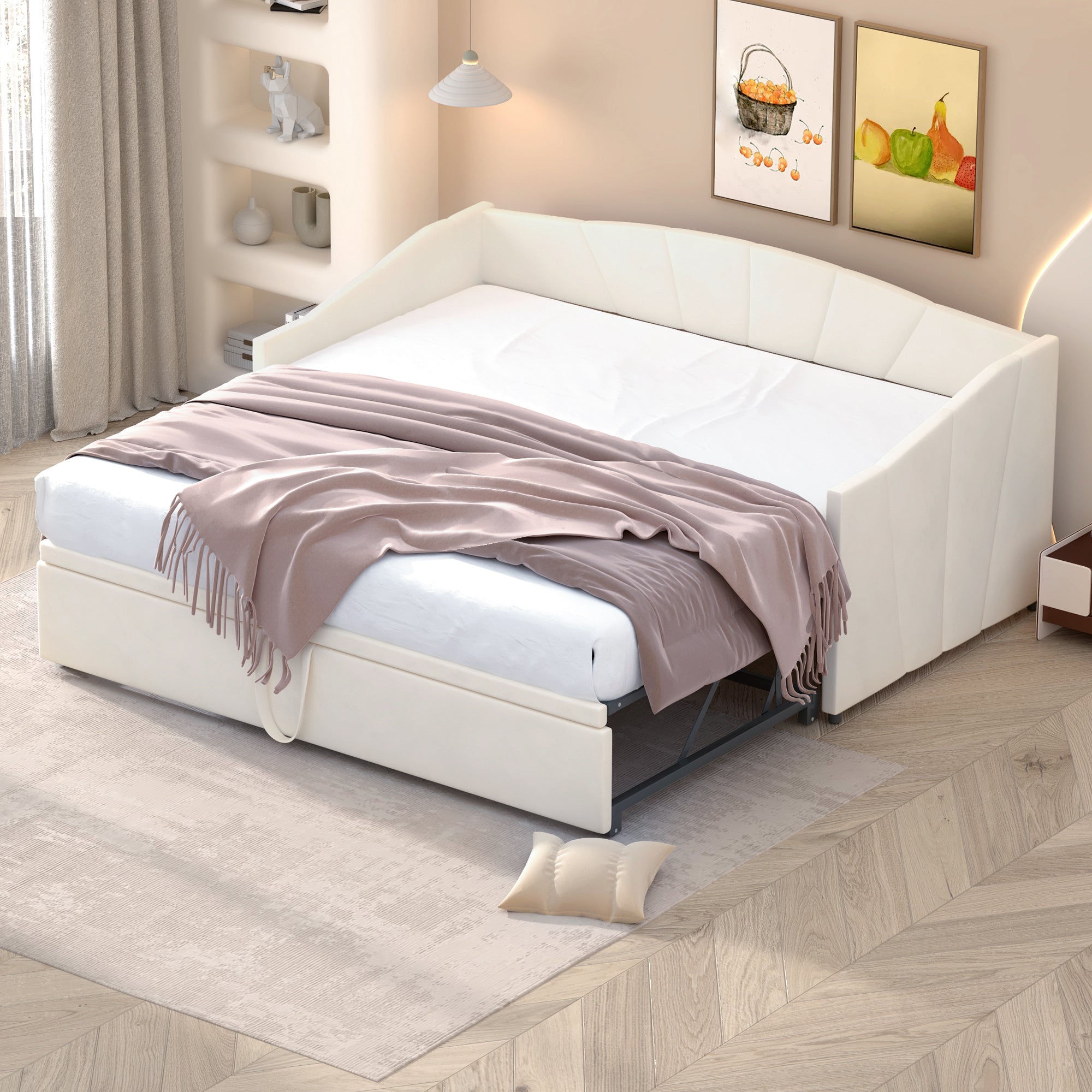 Upholstered Bed, Pull-out Sofa Bed 90/180*200 cm, Slatted Frames, Velvet Fabric, Beige
