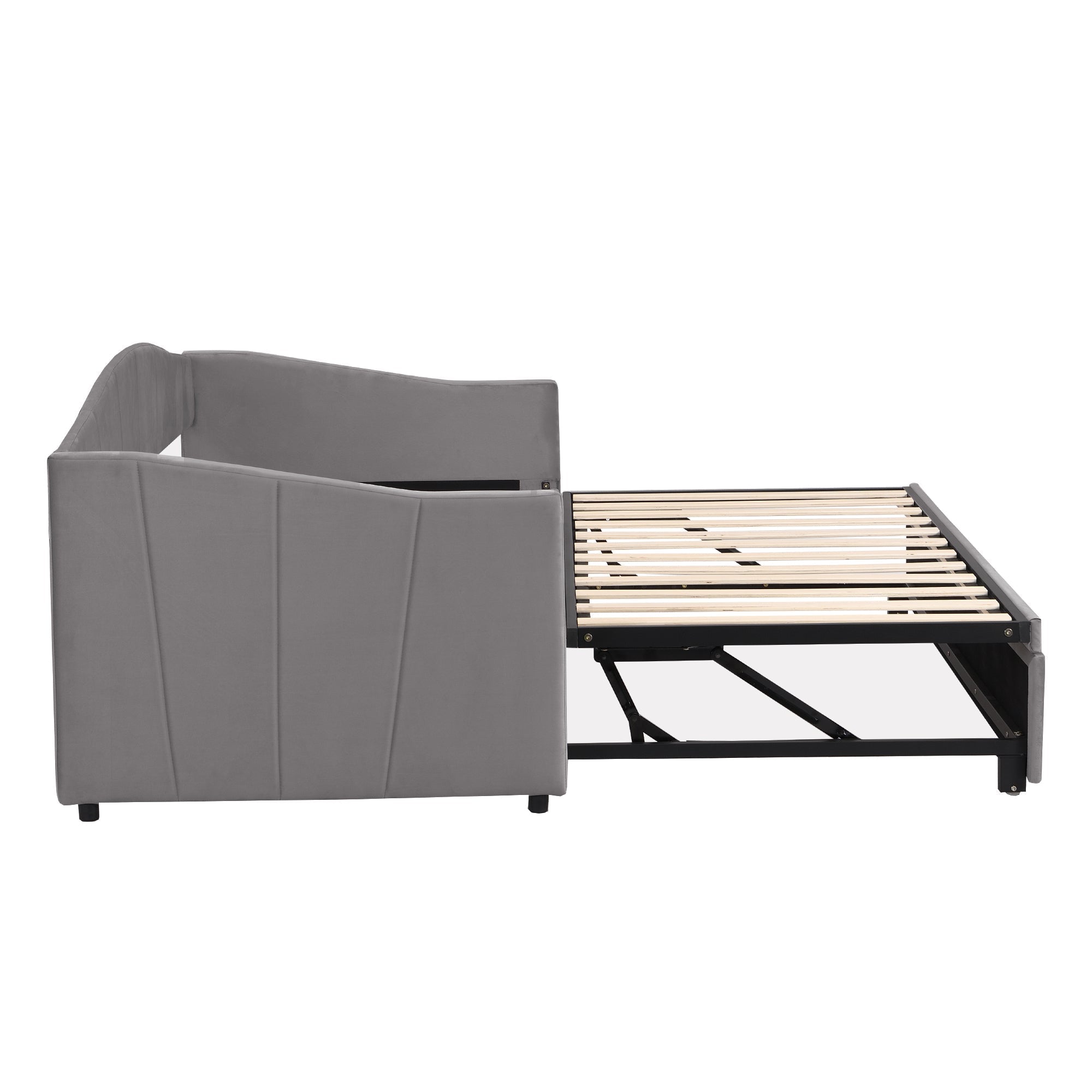 Upholstered Sofa Bed with Extendable Frame and Slatted Base, Velvet Grey/Beige