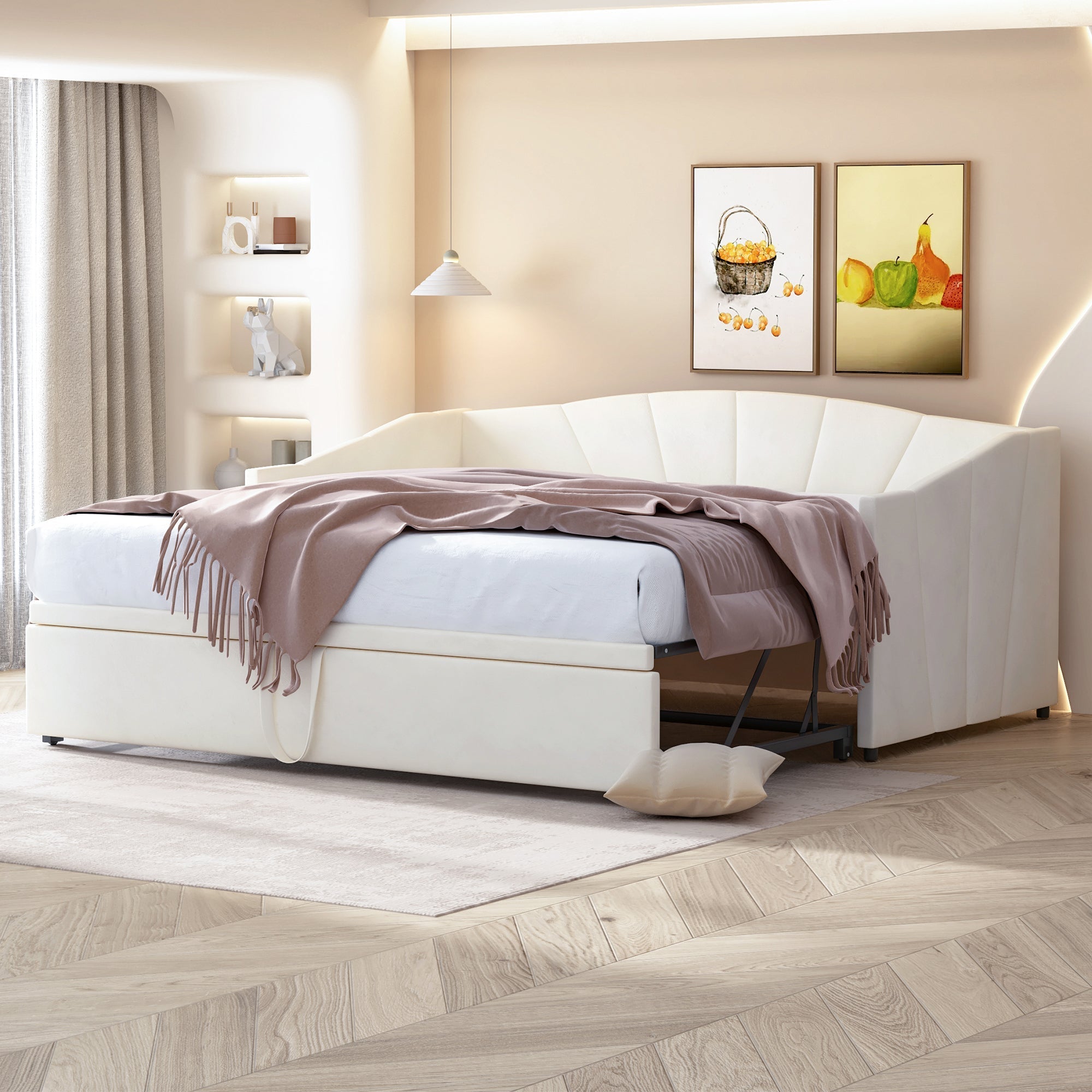 Extendable Daybed 90/180x200cm Multifunctional Slatted Base - Velvet Beige
