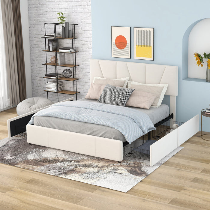 Upholstered Platform Bed Double 140x200cm with 4 Drawers Adjustable Headboard Beige