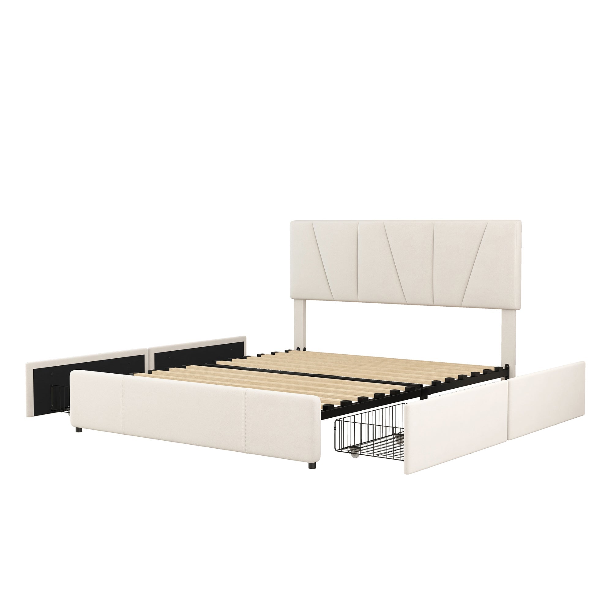 Upholstered Platform Bed Double 140x200cm with 4 Drawers Adjustable Headboard Beige