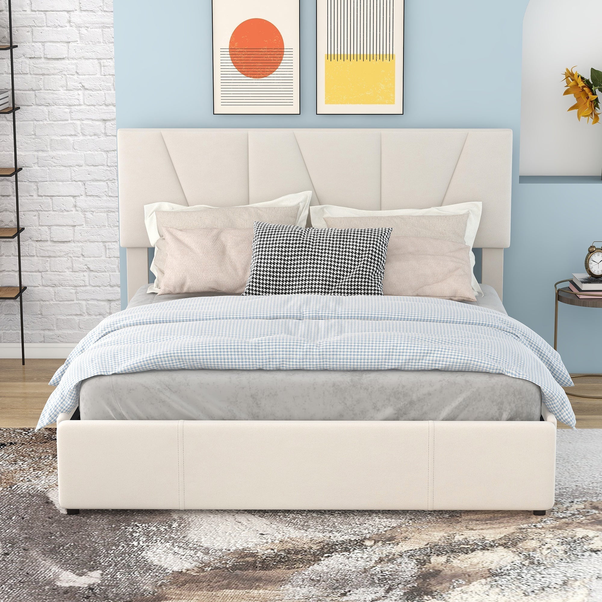 Upholstered Platform Bed Double 140x200cm with 4 Drawers Adjustable Headboard Beige