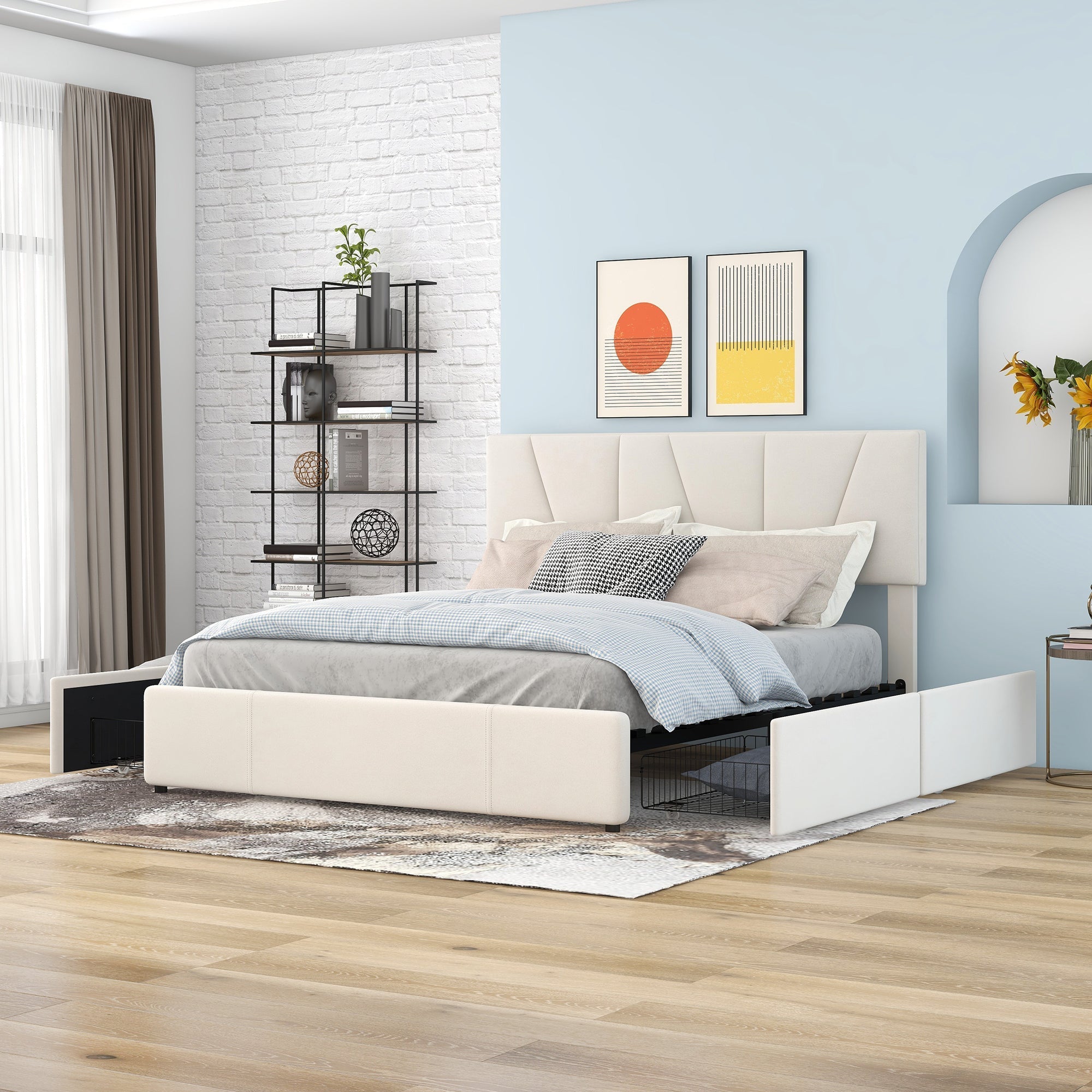 Upholstered Platform Bed Double 140x200cm with 4 Drawers Adjustable Headboard Beige