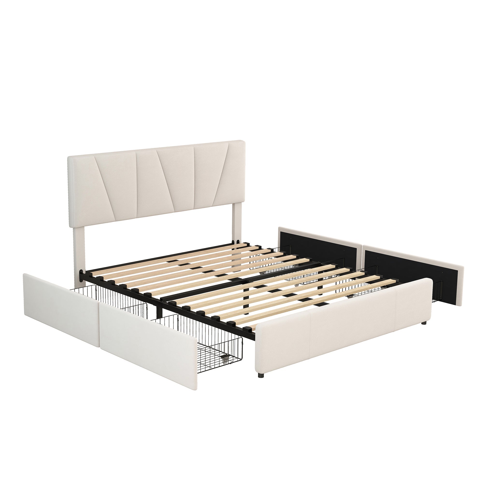 Upholstered Platform Bed Double 140x200cm with 4 Drawers Adjustable Headboard Beige