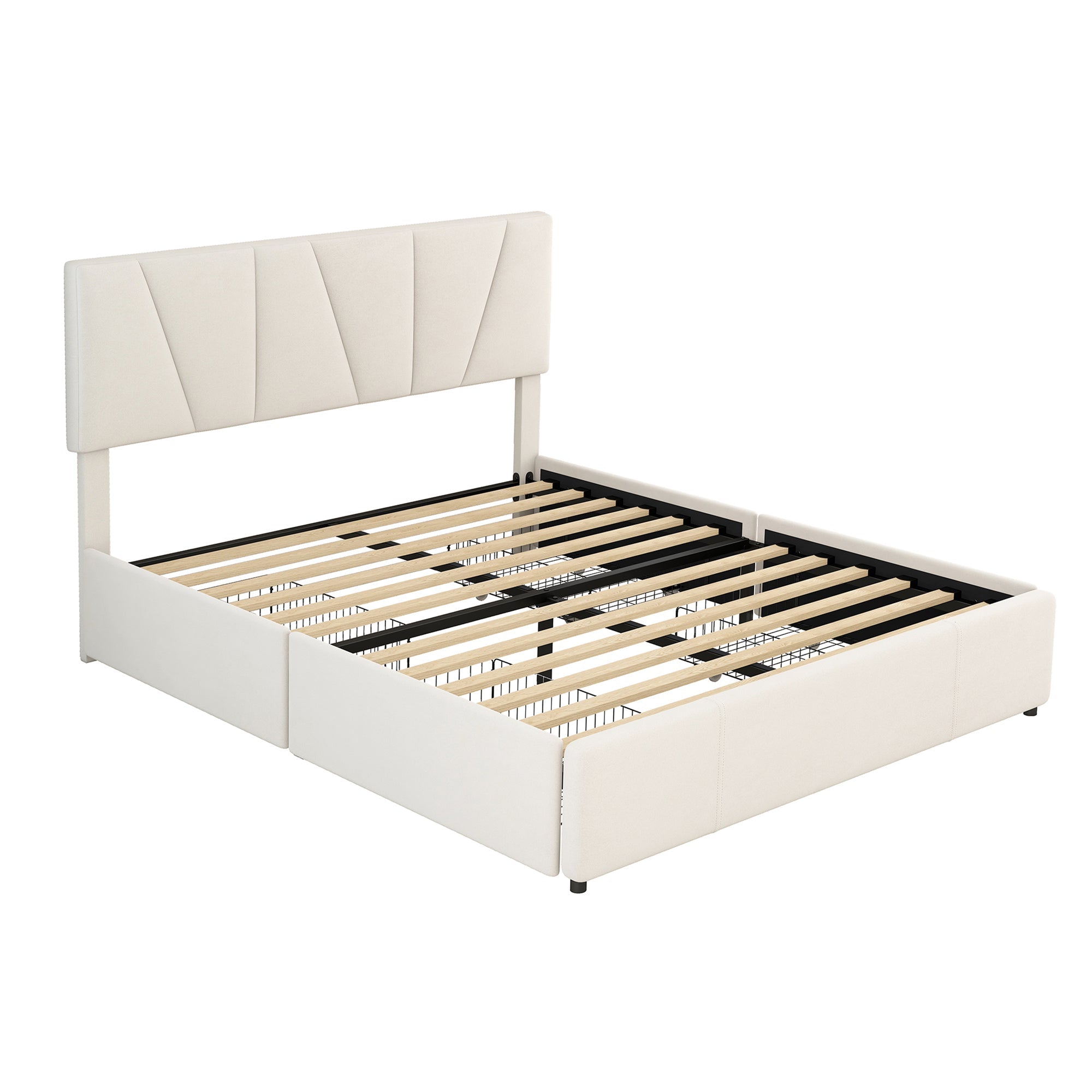 Upholstered Platform Bed Double 140x200cm with 4 Drawers Adjustable Headboard Beige