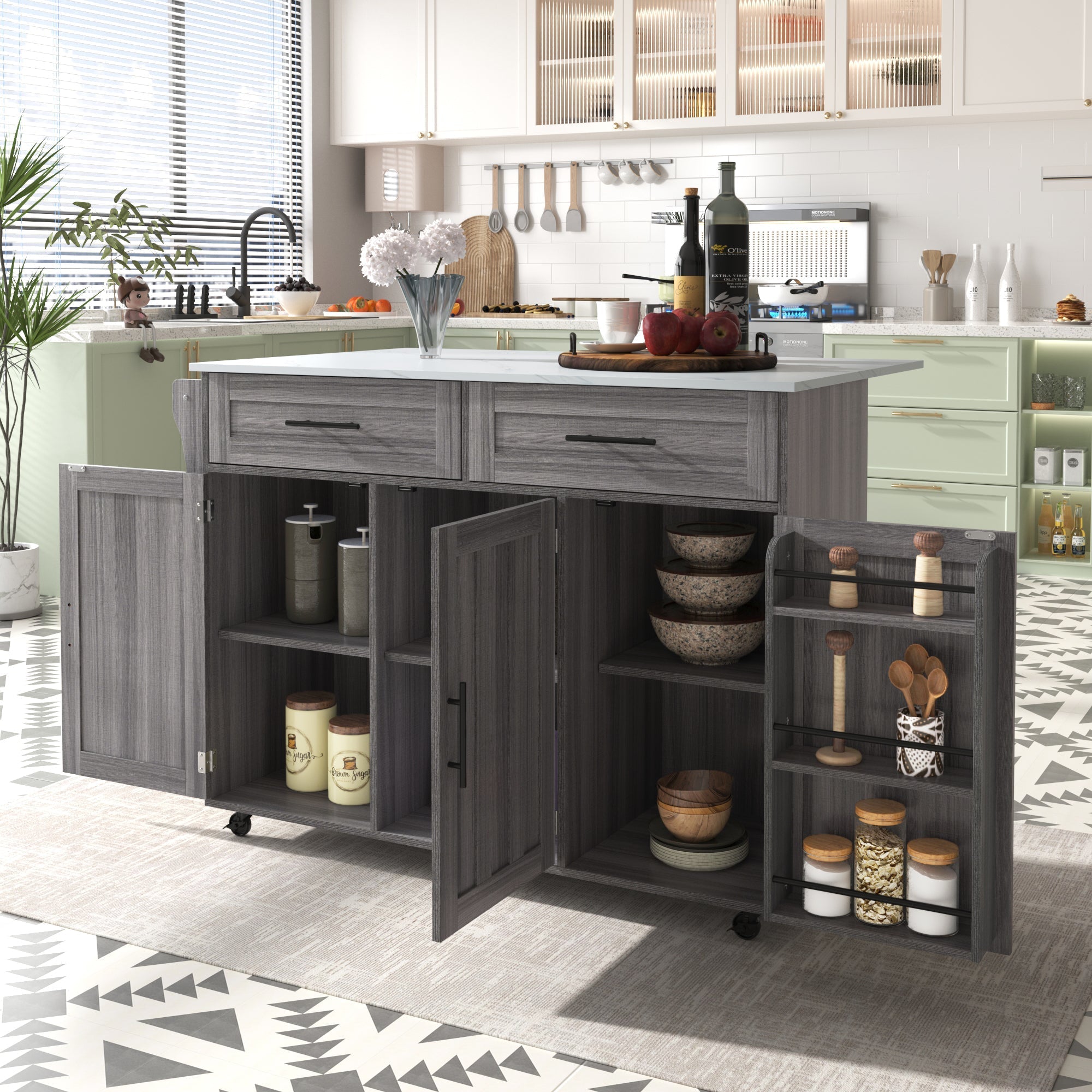 Dining Cart Sideboard Extendable White Marble Top Storage Wheels - Khaki Gray Wood Grain