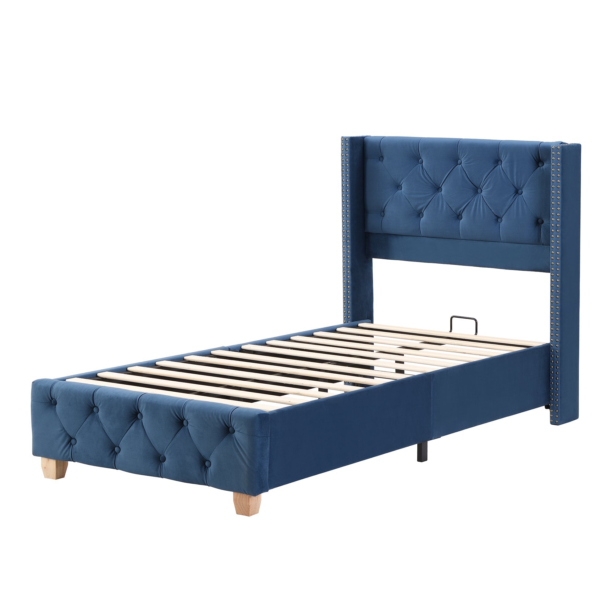 Upholstered Bed 90x200cm Slatted Frame Headboard Button Studded Upholstery Velvet Blue
