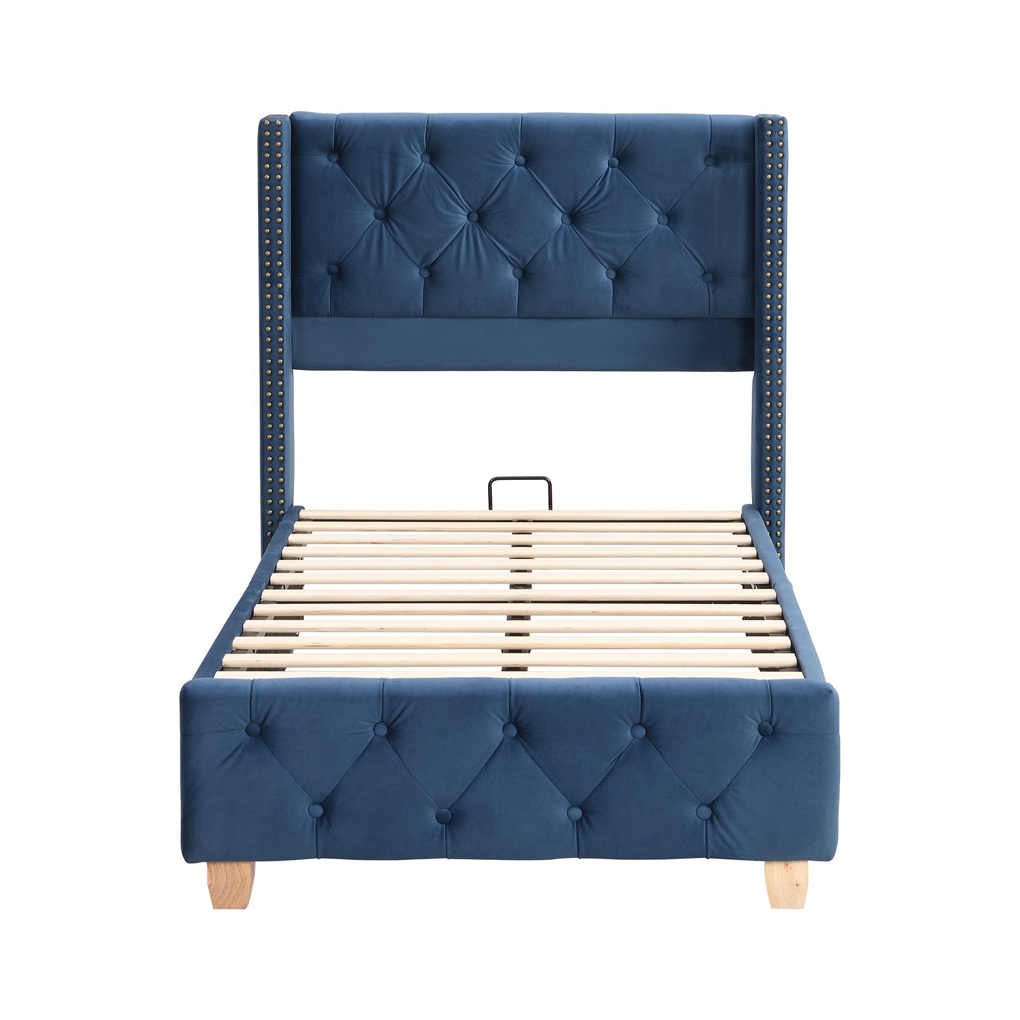 Upholstered Bed 90x200cm Slatted Frame Headboard Button Studded Upholstery Velvet Blue