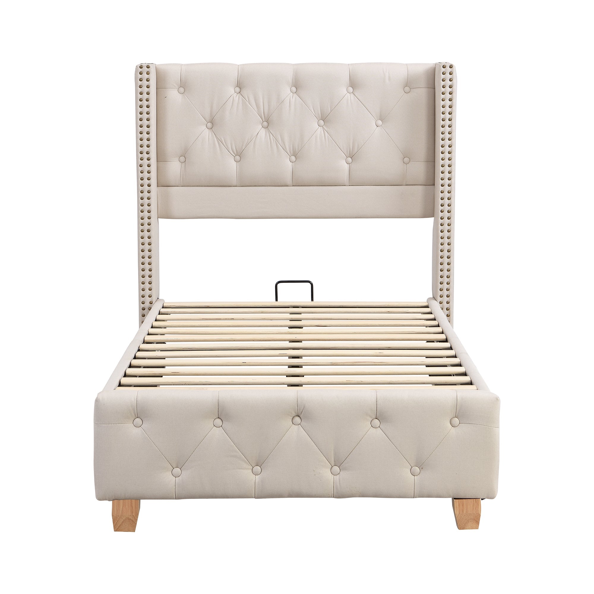 Upholstered Bed with Slatted Frame and Headboard, 90x200cm, Beige Linen