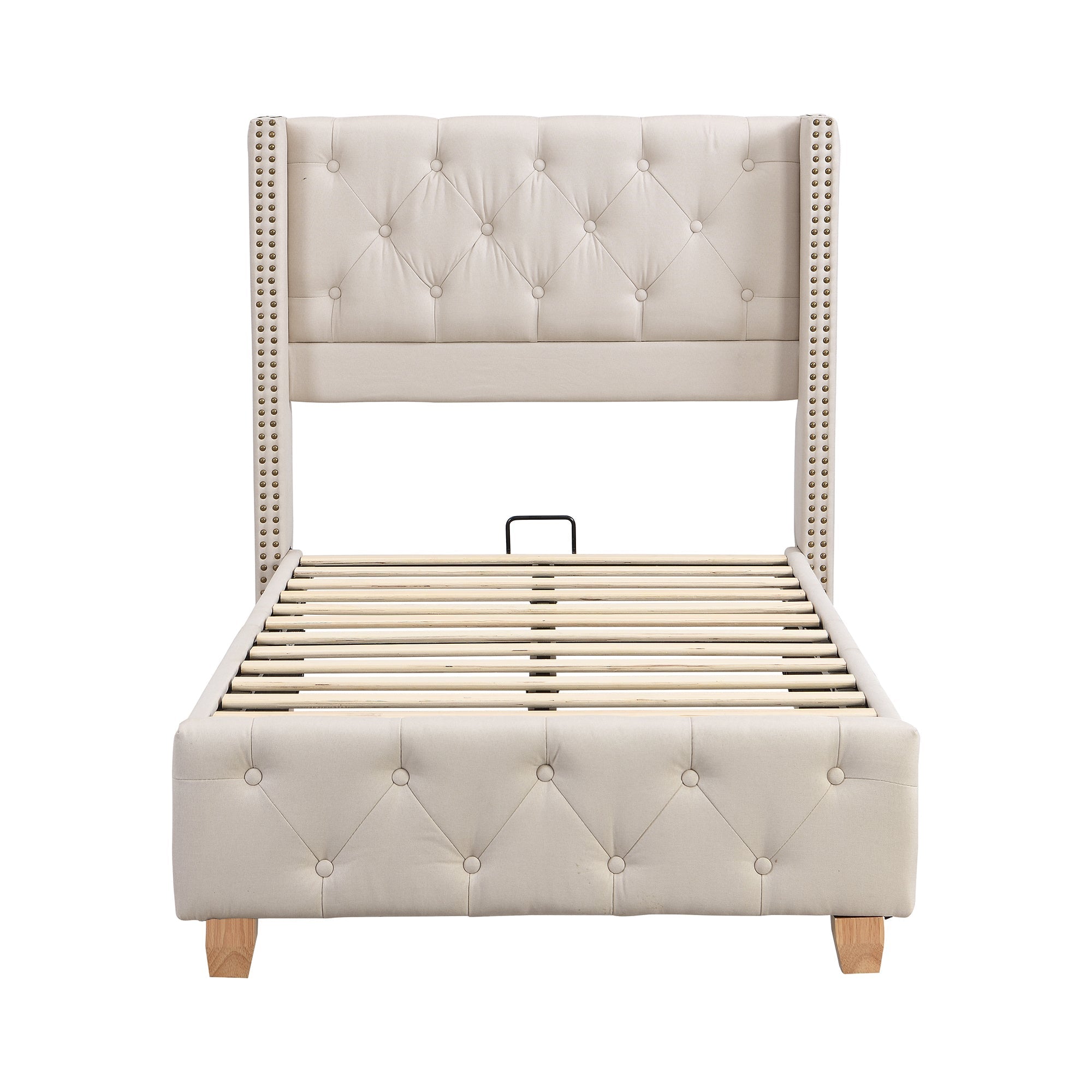 Upholstered Bed 90x200cm Slatted Frame Button Studded Headboard - Linen Beige