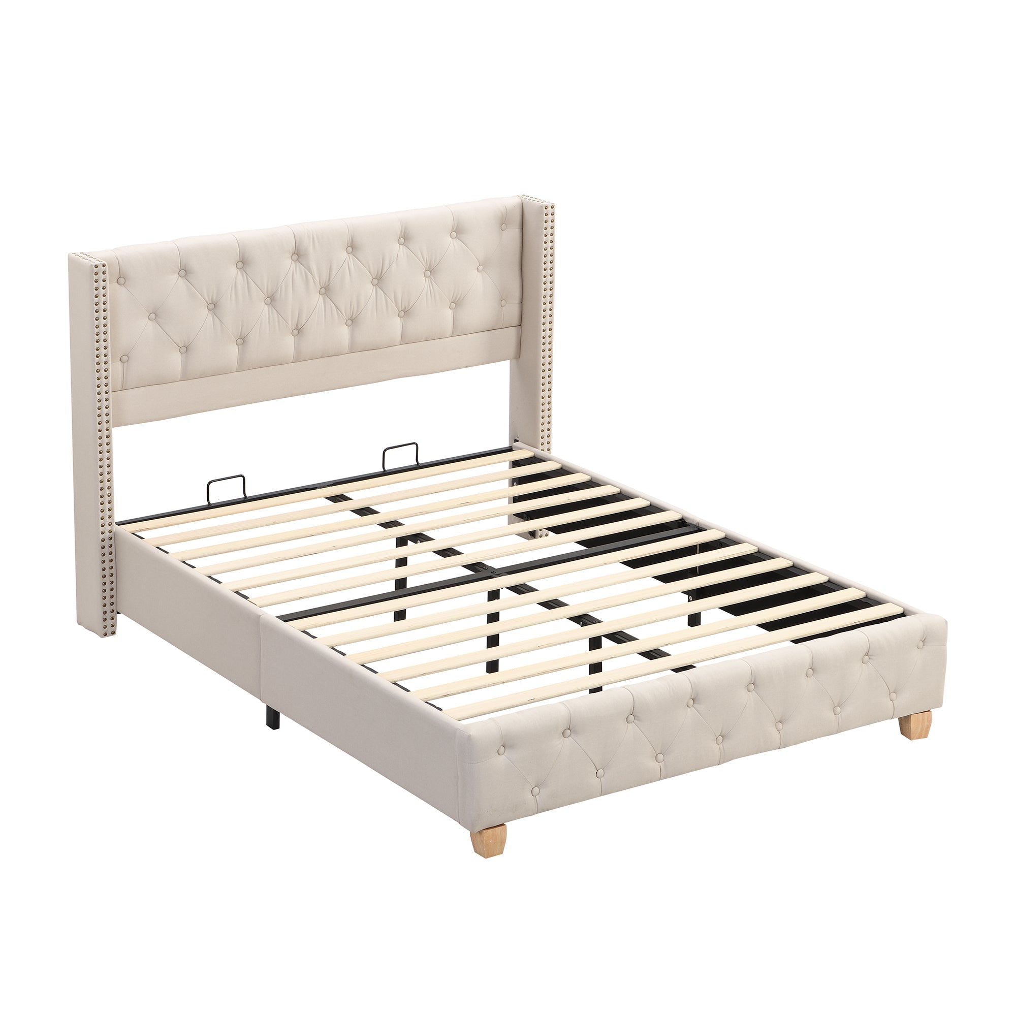 Upholstered Bed 140x190cm Slatted Base Headboard Button & Rivet Trim - Linen Beige