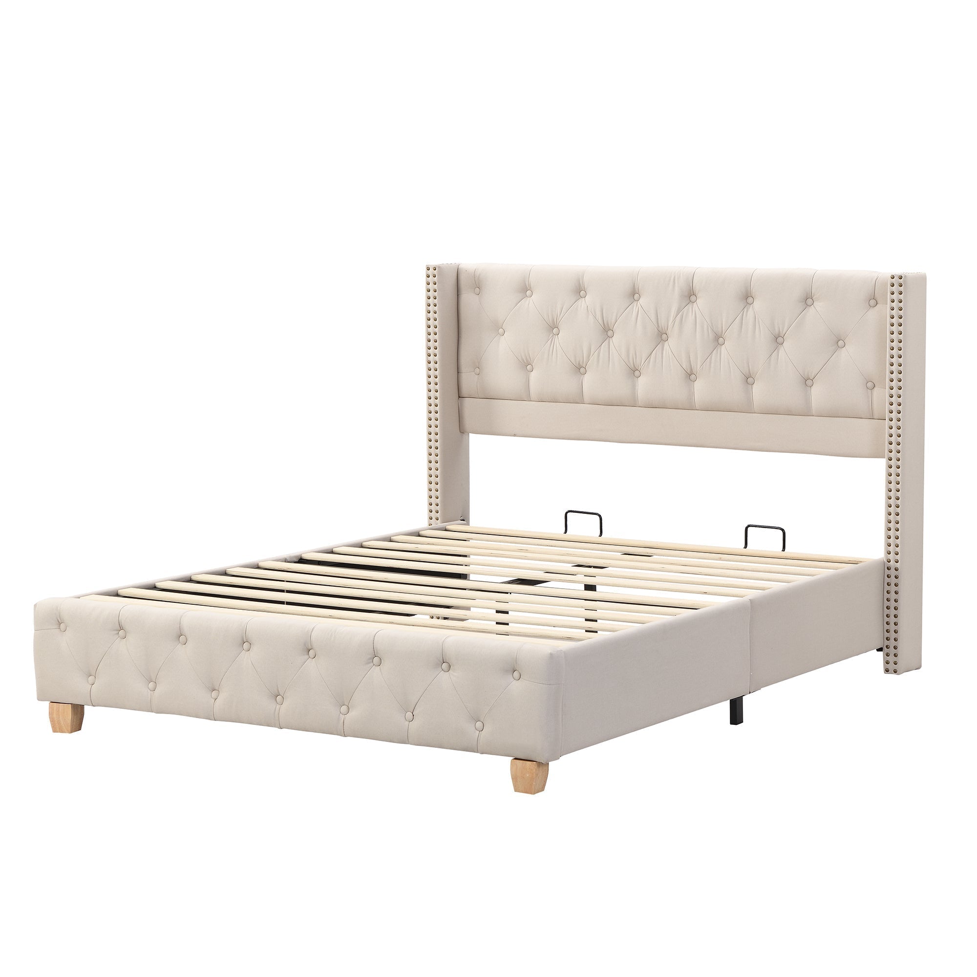 Upholstered Bed 160x200cm Button Studded Headboard Slatted Frame - Linen Beige