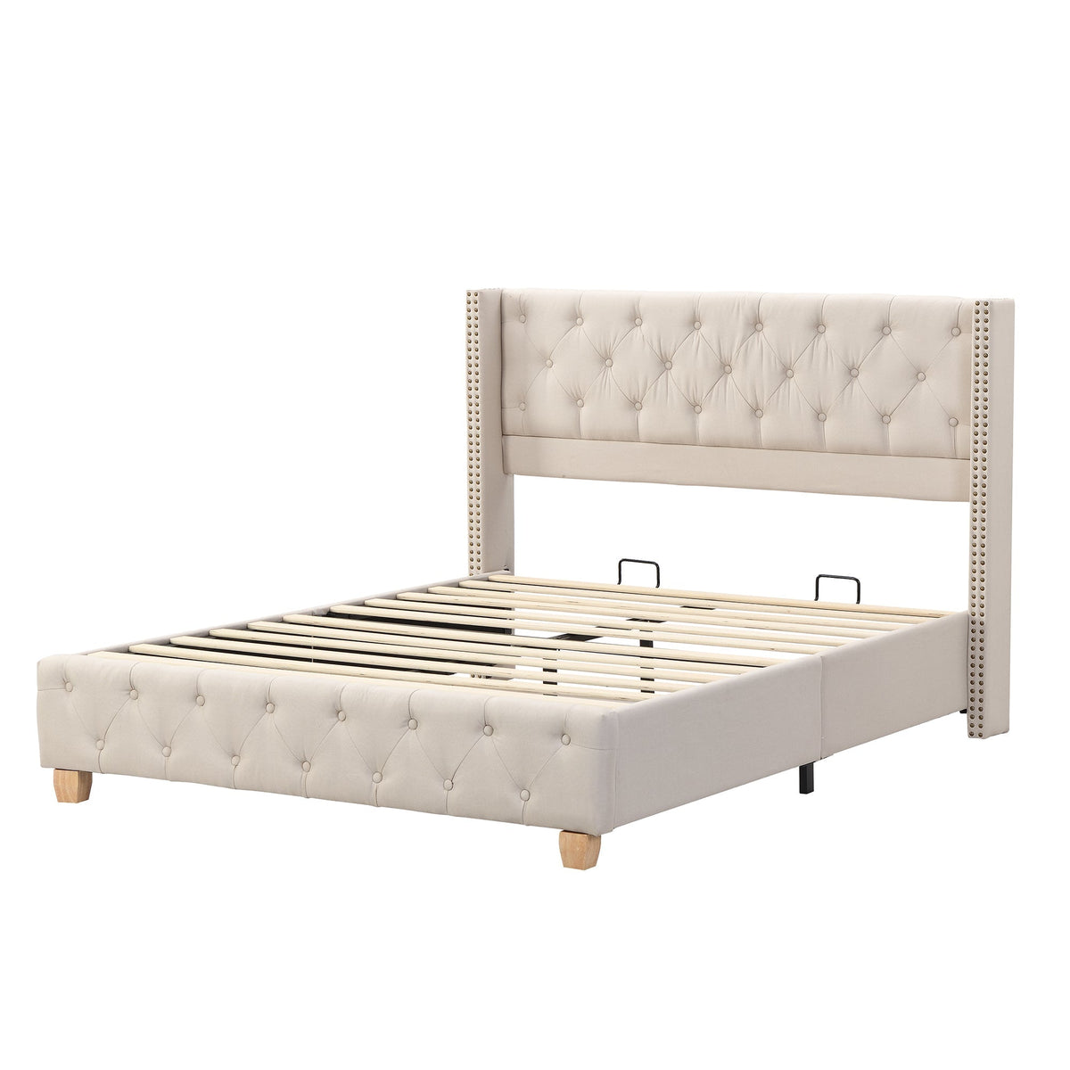 Upholstered Bed 140x190cm Slatted Base Headboard Button & Rivet Trim - Linen Beige