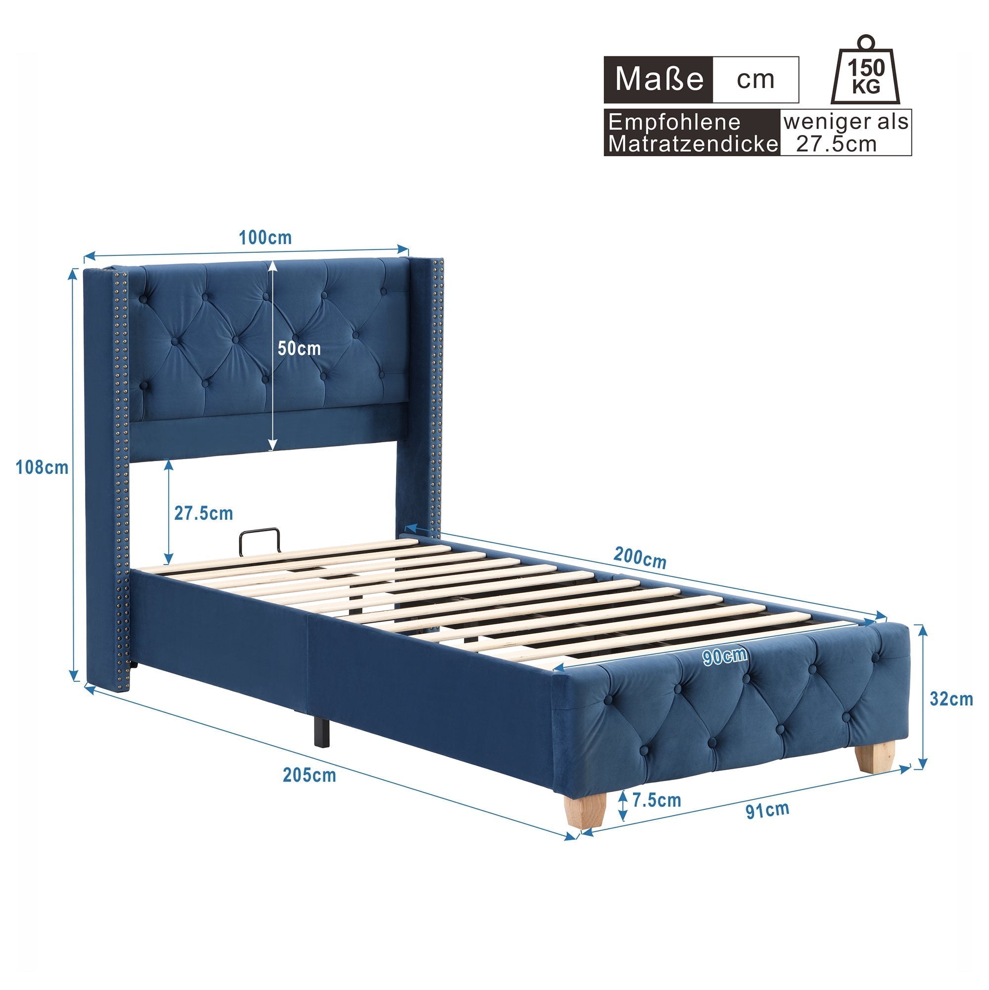 Upholstered Bed 90x200cm Slatted Frame Headboard Button Studded Upholstery Velvet Blue