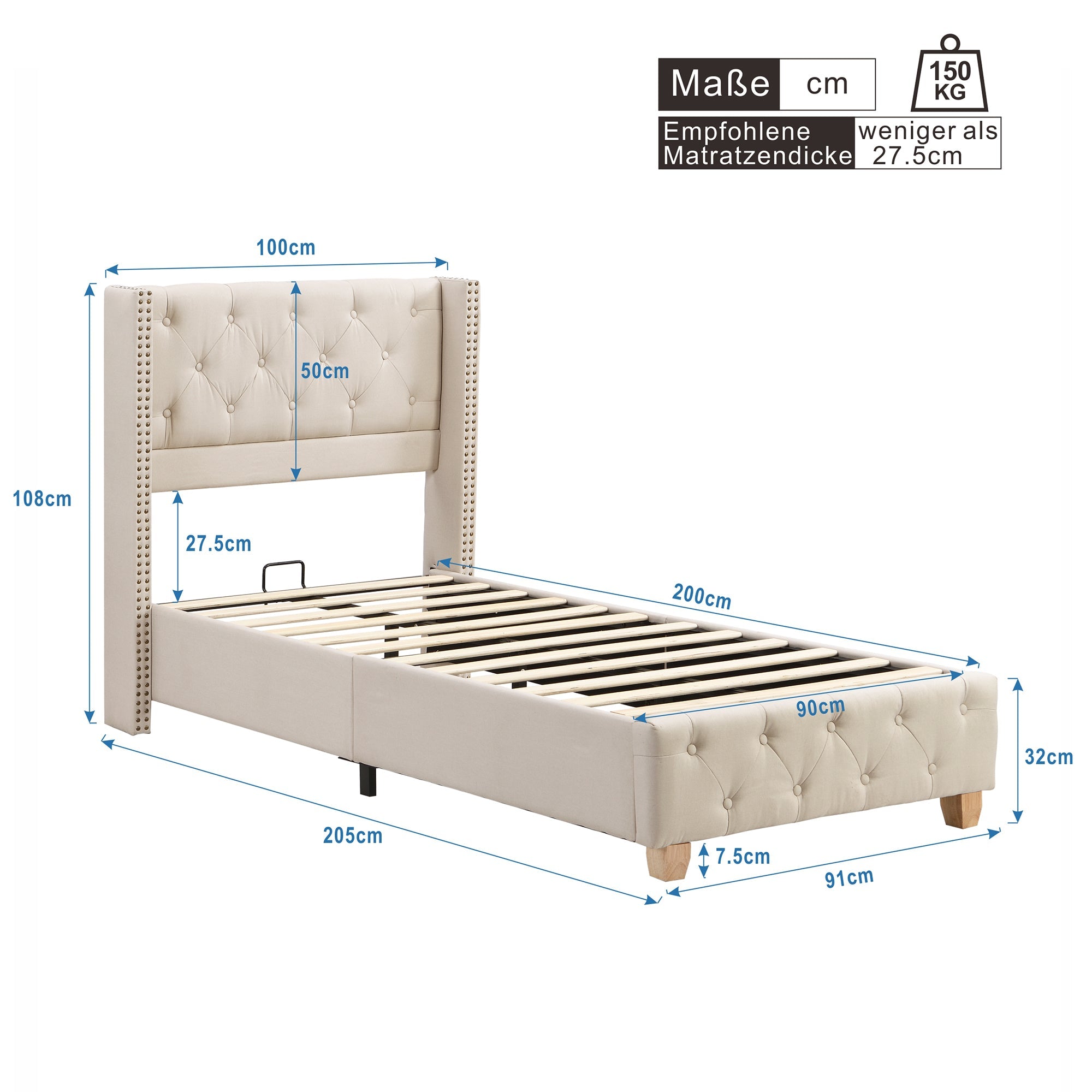 Upholstered Bed with Slatted Frame and Headboard, 90x200cm, Beige Linen