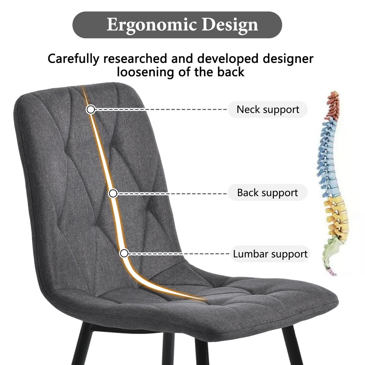 Dining Chairs Set of 4 Upholstered Designer with Backrest Twill Linen Metal Legs Dark Grey