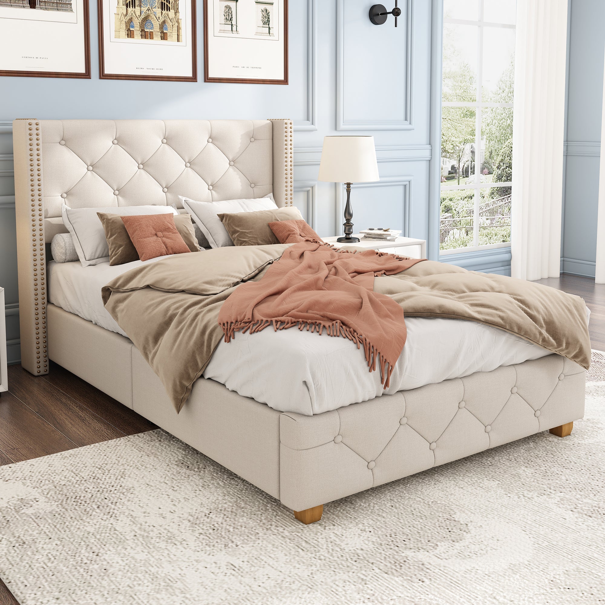 Upholstered Bed with Slatted Frame and Headboard, 90x200cm, Beige Linen